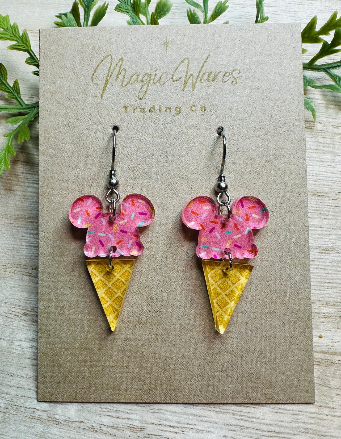 Main St Ice Cream, Mouse ears Ice Cream Cone Laser cut Patterned Crystal Acrylic Earrings, Made to order Glowforge Earrings
