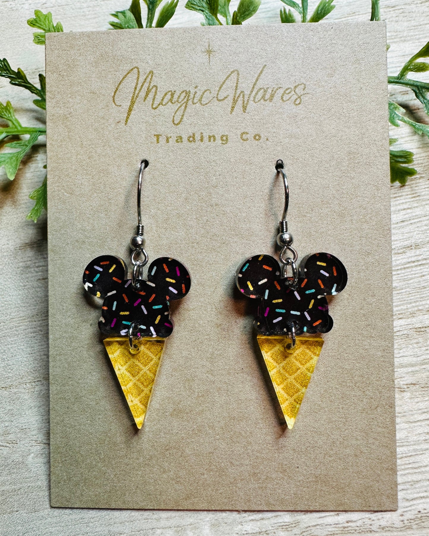 Main St Ice Cream, Mouse ears Ice Cream Cone Laser cut Patterned Crystal Acrylic Earrings, Made to order Glowforge Earrings