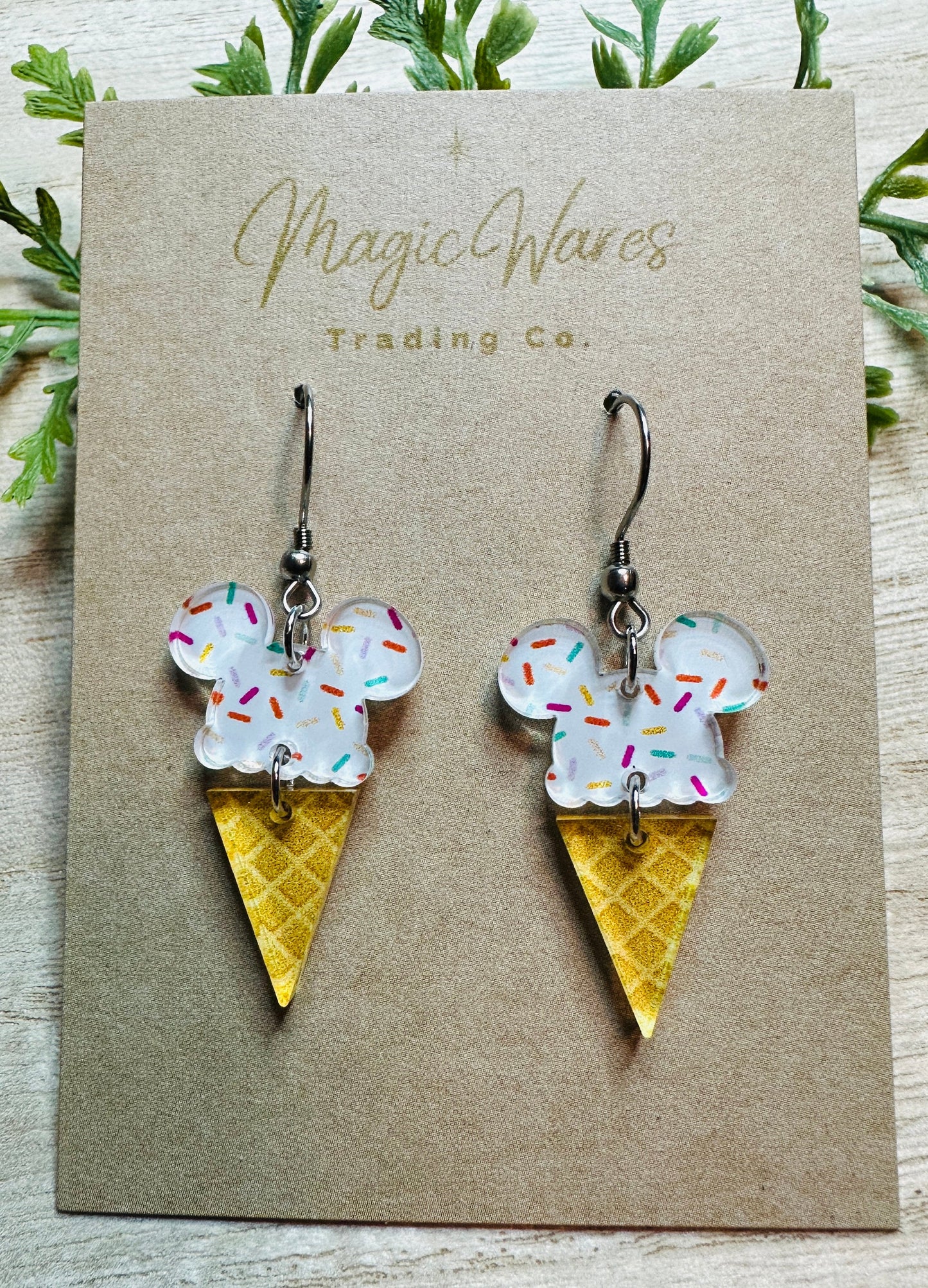 Main St Ice Cream, Mouse ears Ice Cream Cone Laser cut Patterned Crystal Acrylic Earrings, Made to order Glowforge Earrings