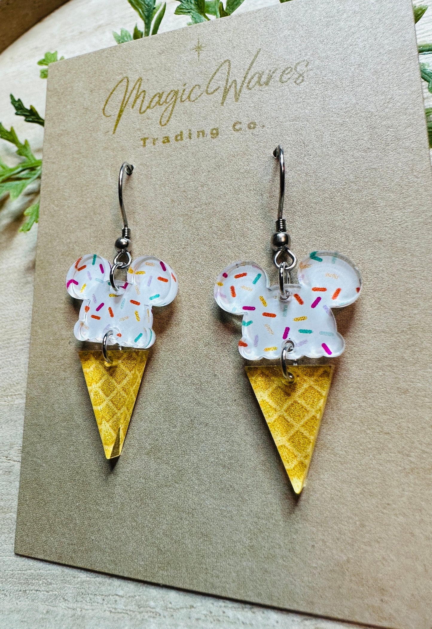 Main St Ice Cream, Mouse ears Ice Cream Cone Laser cut Patterned Crystal Acrylic Earrings, Made to order Glowforge Earrings