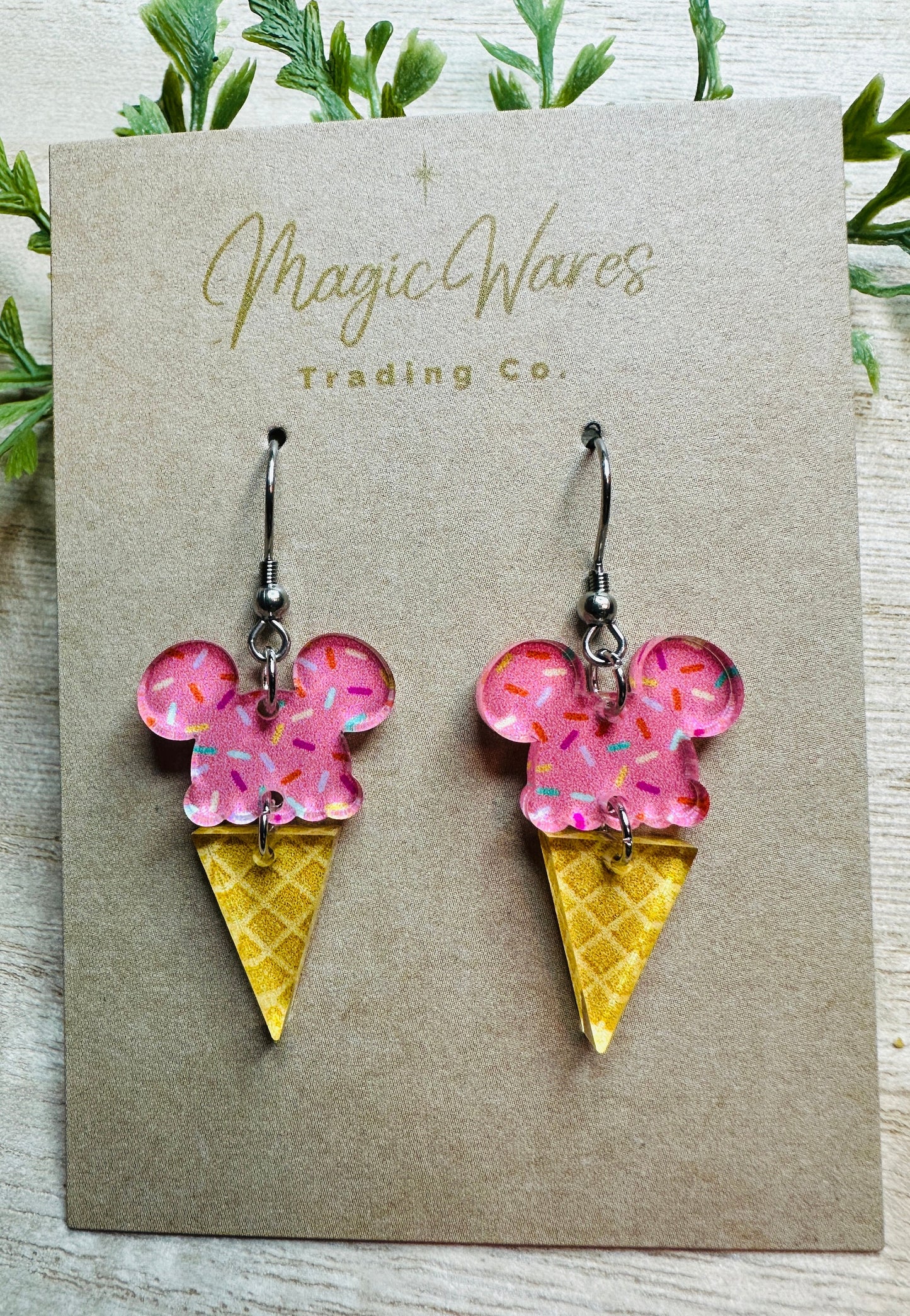 Main St Ice Cream, Mouse ears Ice Cream Cone Laser cut Patterned Crystal Acrylic Earrings, Made to order Glowforge Earrings