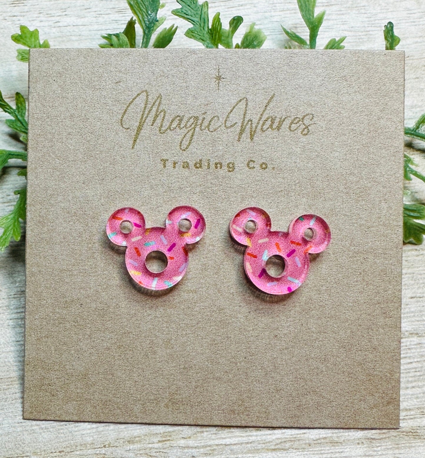 Donut Stud, 3 Colors, Laser cut Post Earrings, Made to order, Laser Engraved, Pierced Earlobe, Stainless Steel, Mickey shaped food