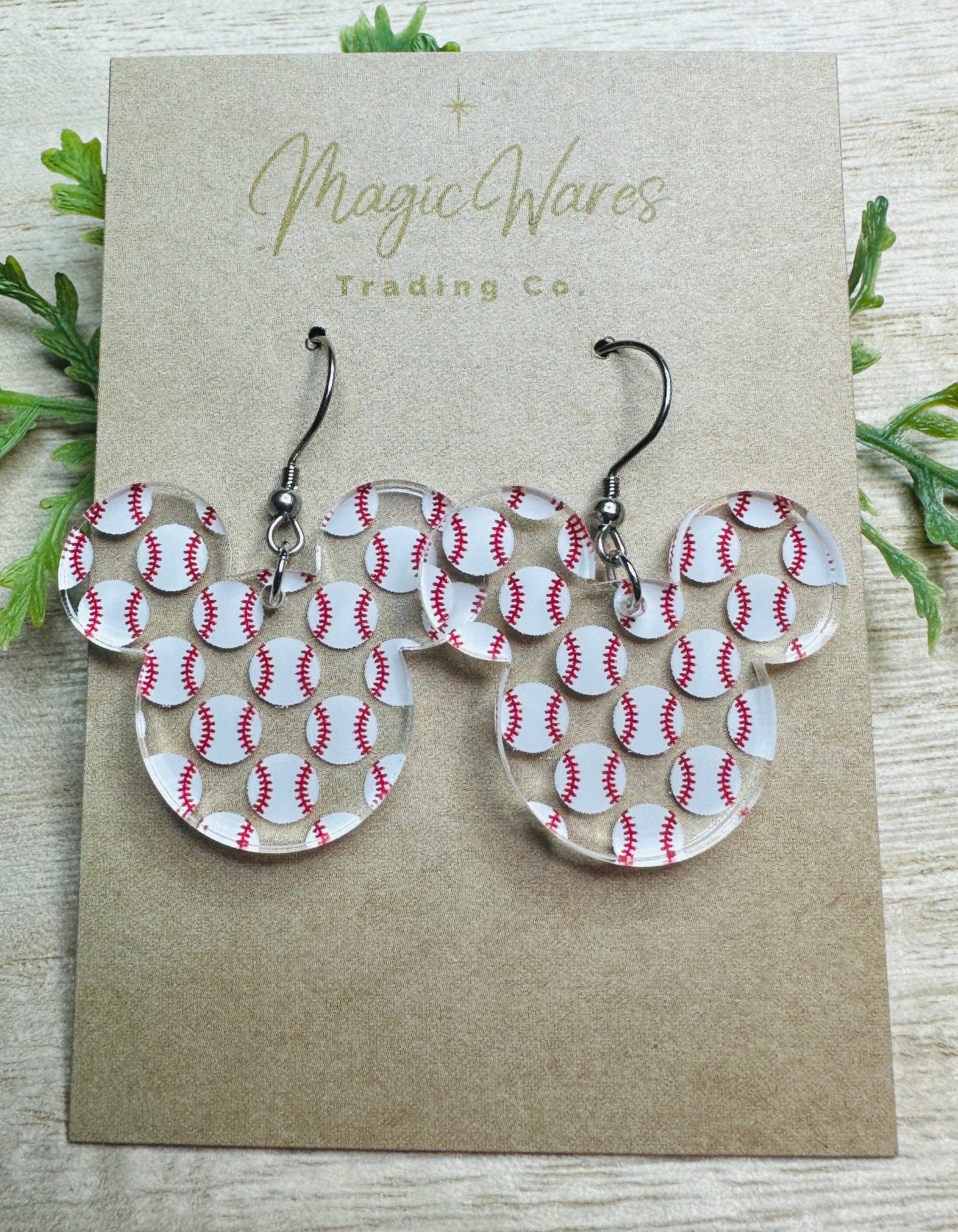 Baseball Mouse, Mouse head Laser cut Baseball Patterned Crystal Acrylic Earrings, Handmade earrings, Glowforge Earrings