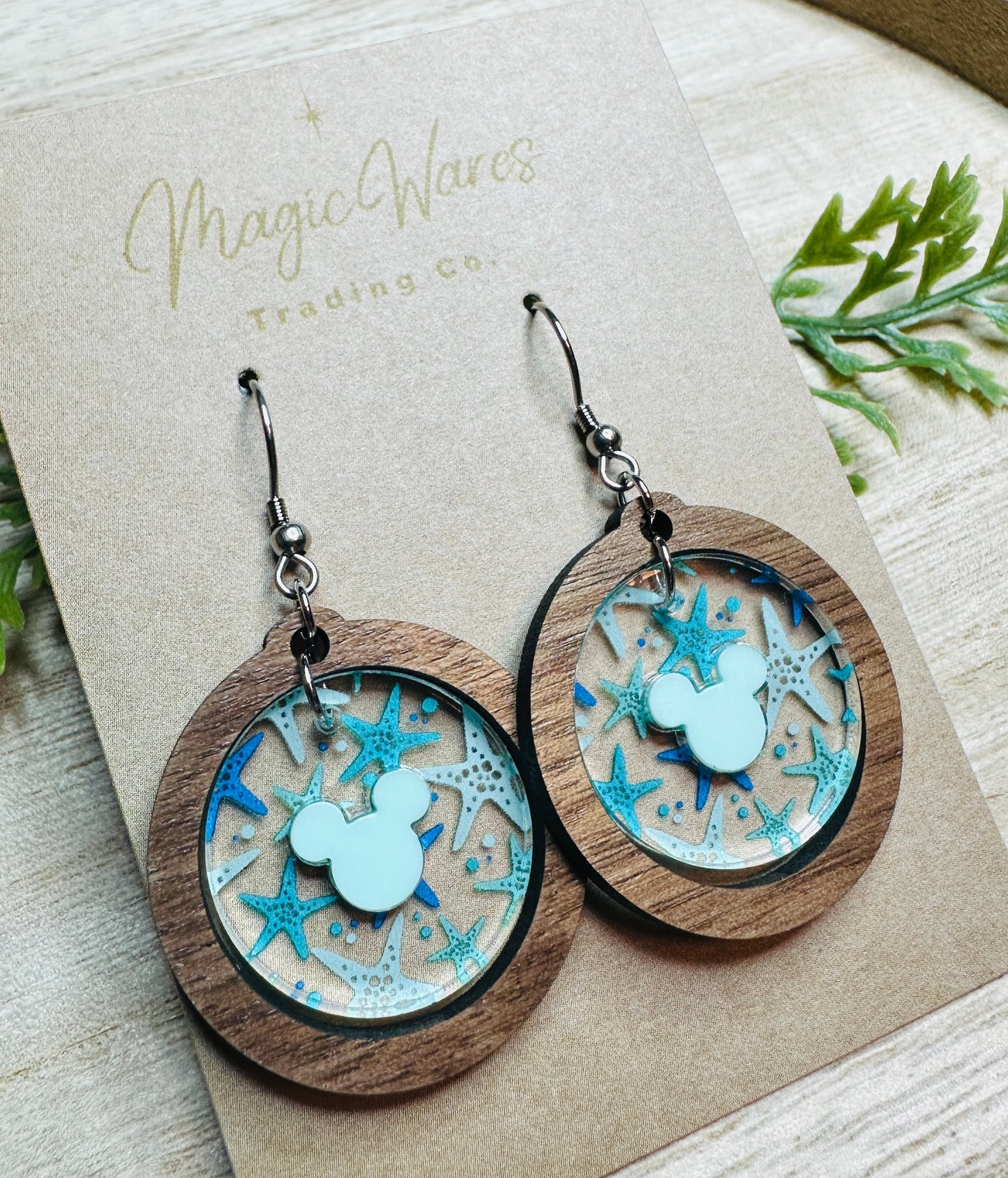 Starfish Round Gem Dangle Earrings, Aqua Acrylic Hidden Mouse, Walnut Hardwood, Laser Cut Starfish Crystal Acrylic, Beach Earrings