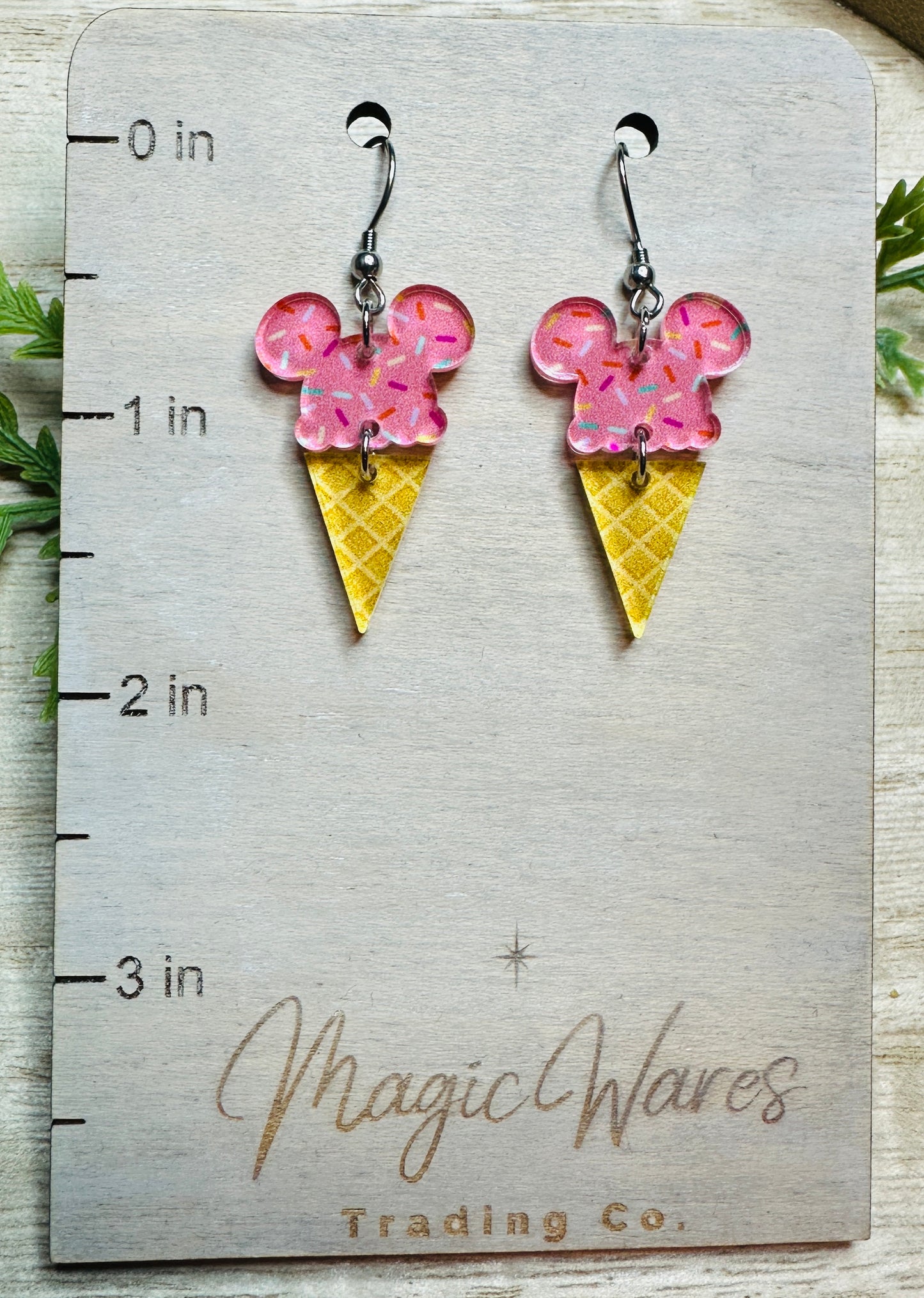 Main St Ice Cream, Mouse ears Ice Cream Cone Laser cut Patterned Crystal Acrylic Earrings, Made to order Glowforge Earrings