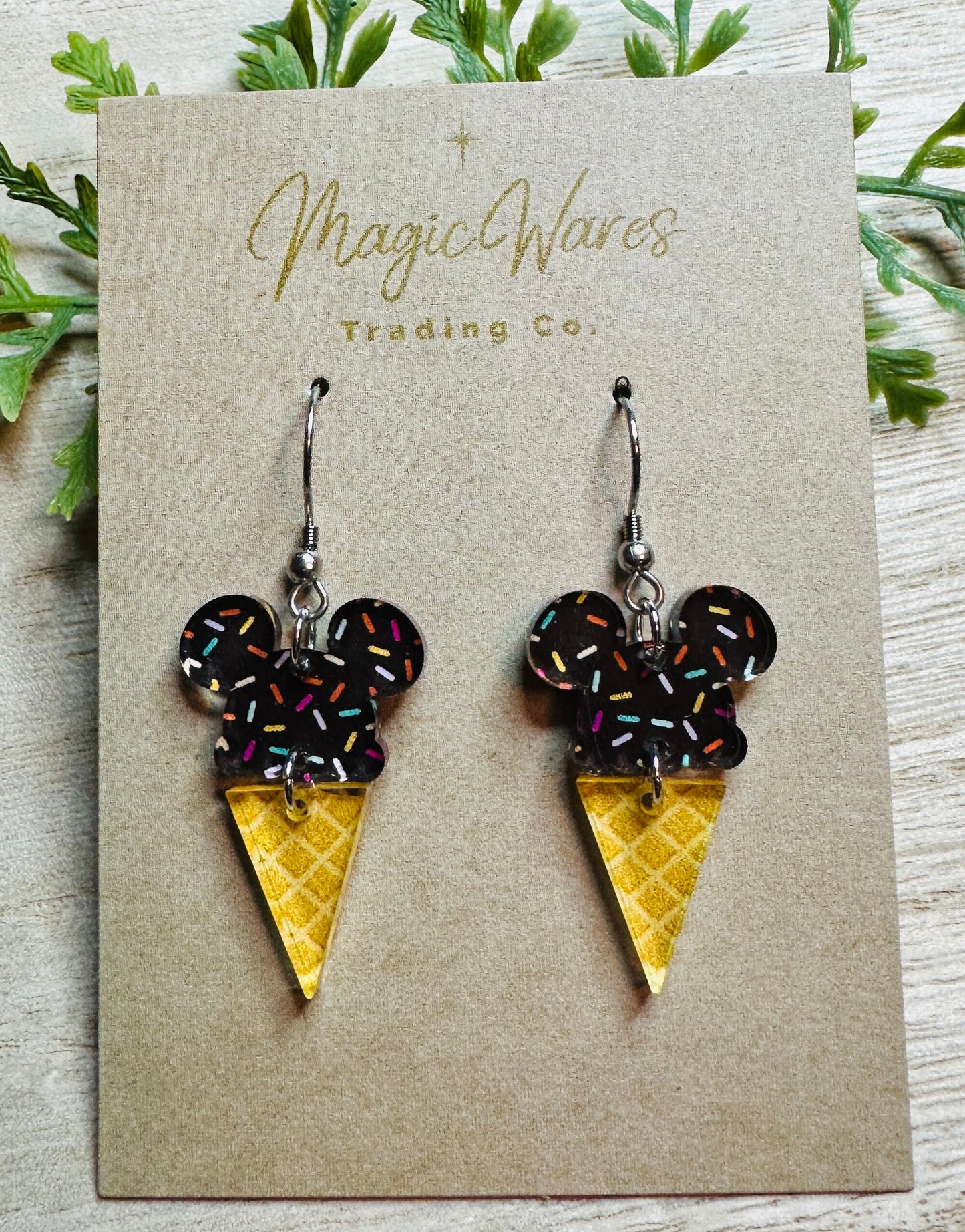 Main St Ice Cream, Mouse ears Ice Cream Cone Laser cut Patterned Crystal Acrylic Earrings, Made to order Glowforge Earrings