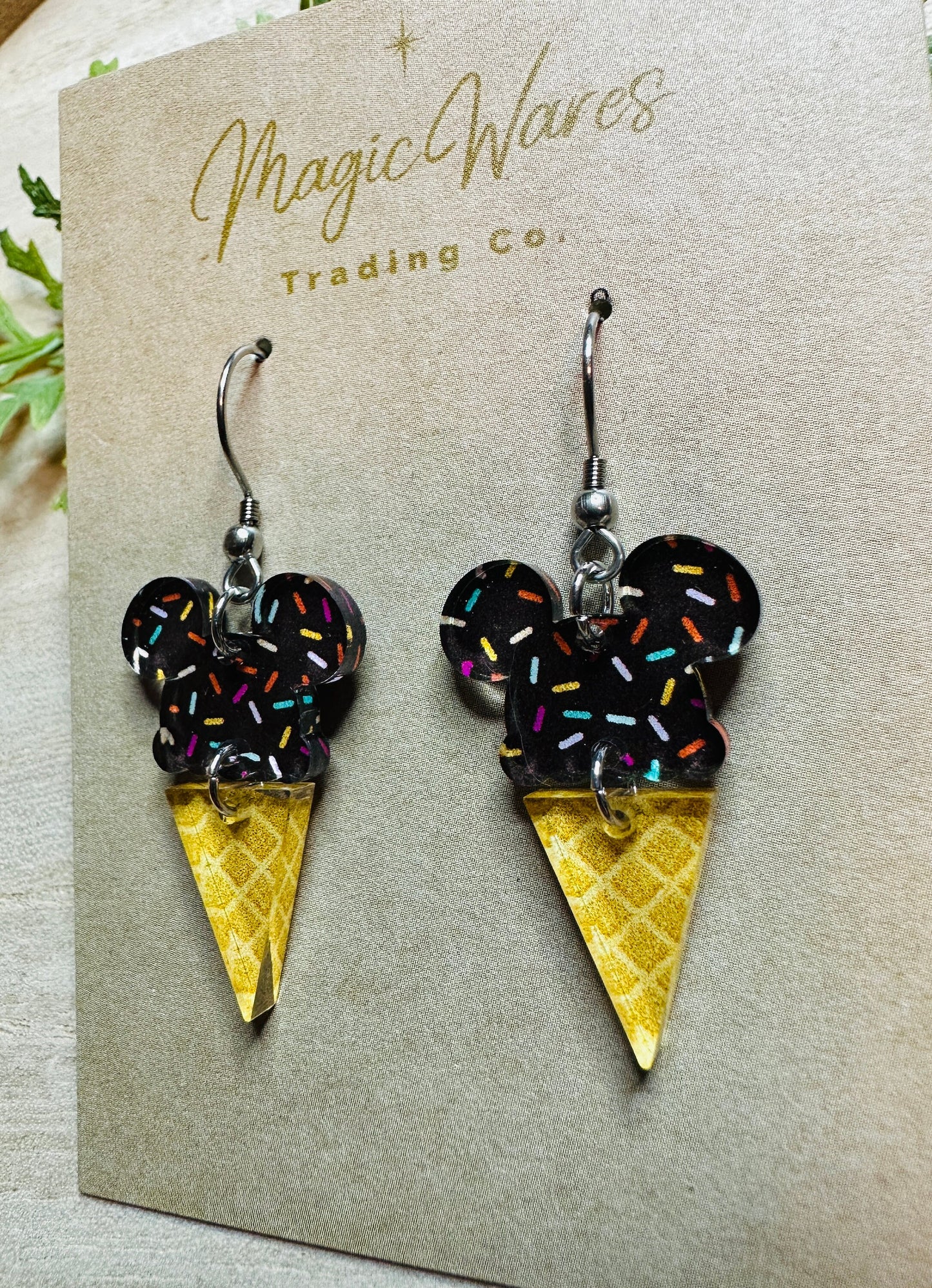 Main St Ice Cream, Mouse ears Ice Cream Cone Laser cut Patterned Crystal Acrylic Earrings, Made to order Glowforge Earrings