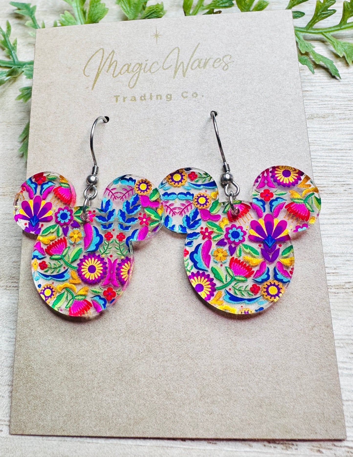 Madrigal Floral, Traditional Mexican Floral Pattern Acrylic, Mouse head shaped Laser cut Acrylic Earrings, Lightweight dangle earrings