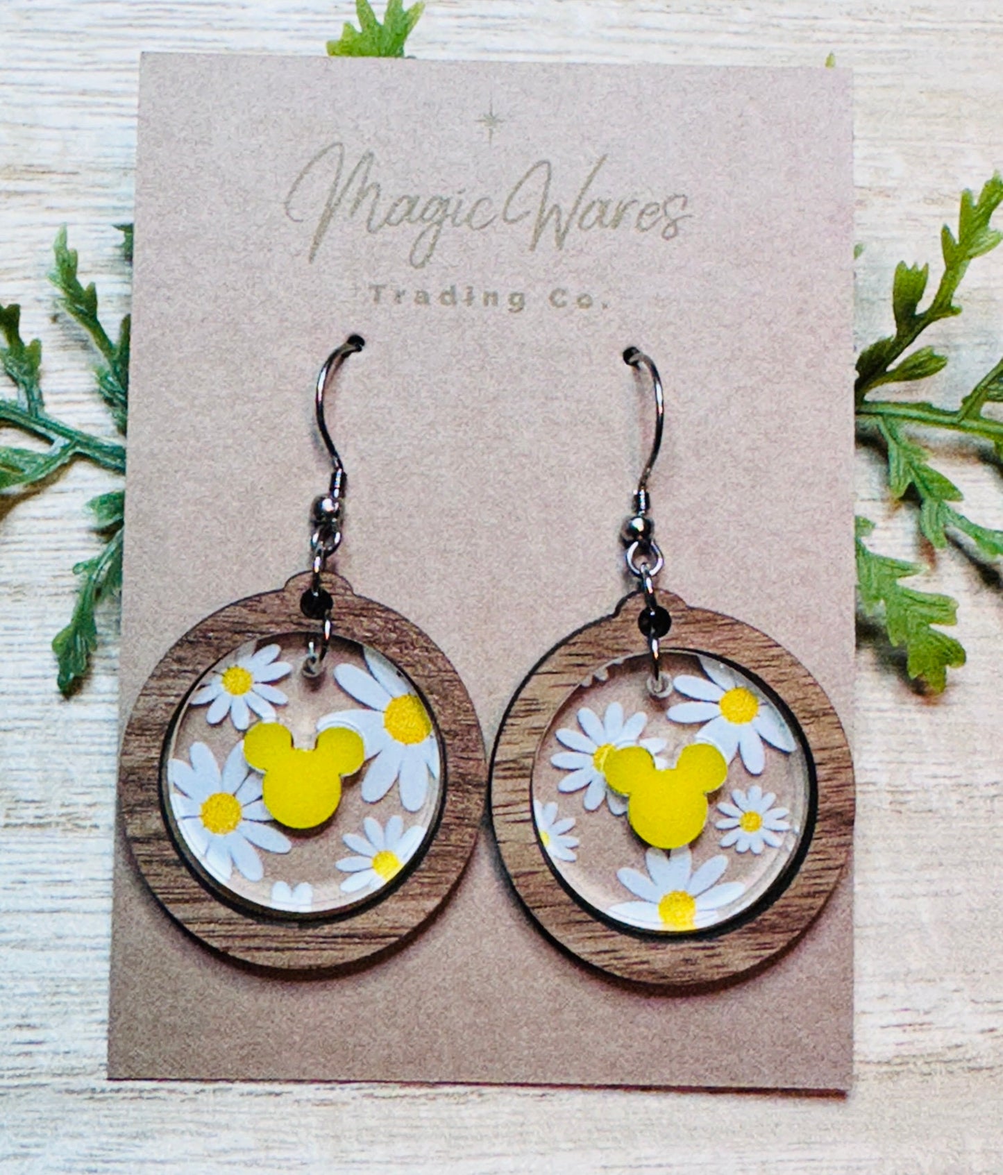 Daisy Round Gem Dangle Earrings, Yellow Acrylic Hidden Mouse, Walnut Hardwood, Laser Cut Daisy Pattern Crystal Acrylic