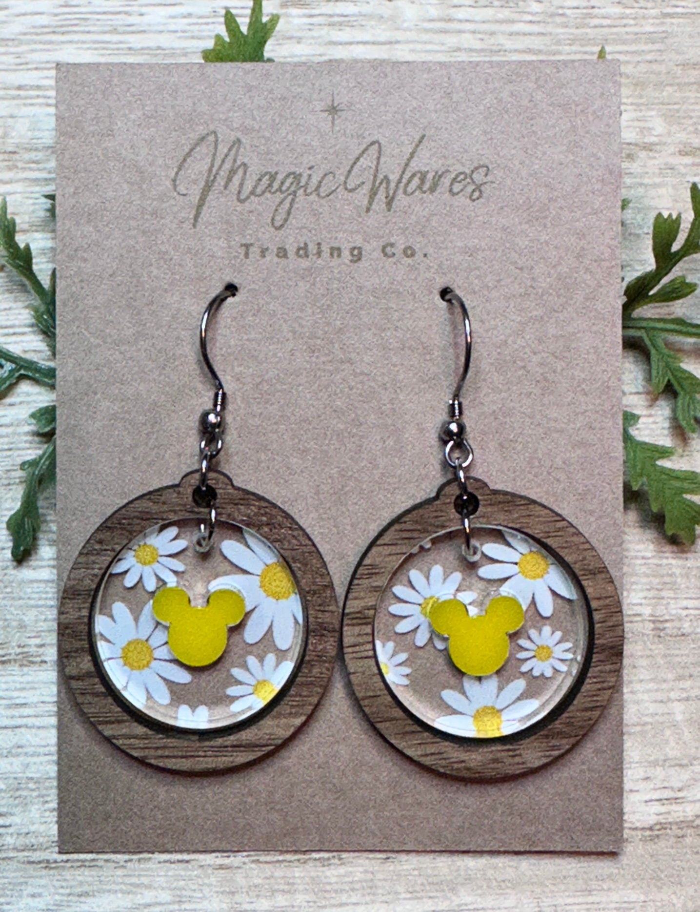 Daisy Round Gem Dangle Earrings, Yellow Acrylic Hidden Mouse, Walnut Hardwood, Laser Cut Daisy Pattern Crystal Acrylic