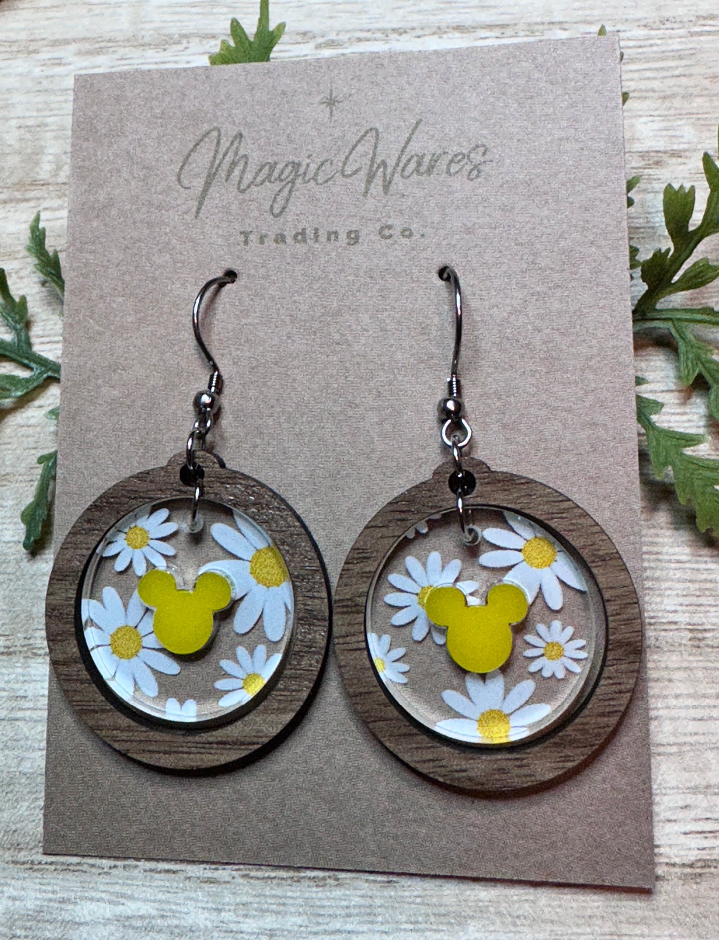 Daisy Round Gem Dangle Earrings, Yellow Acrylic Hidden Mouse, Walnut Hardwood, Laser Cut Daisy Pattern Crystal Acrylic