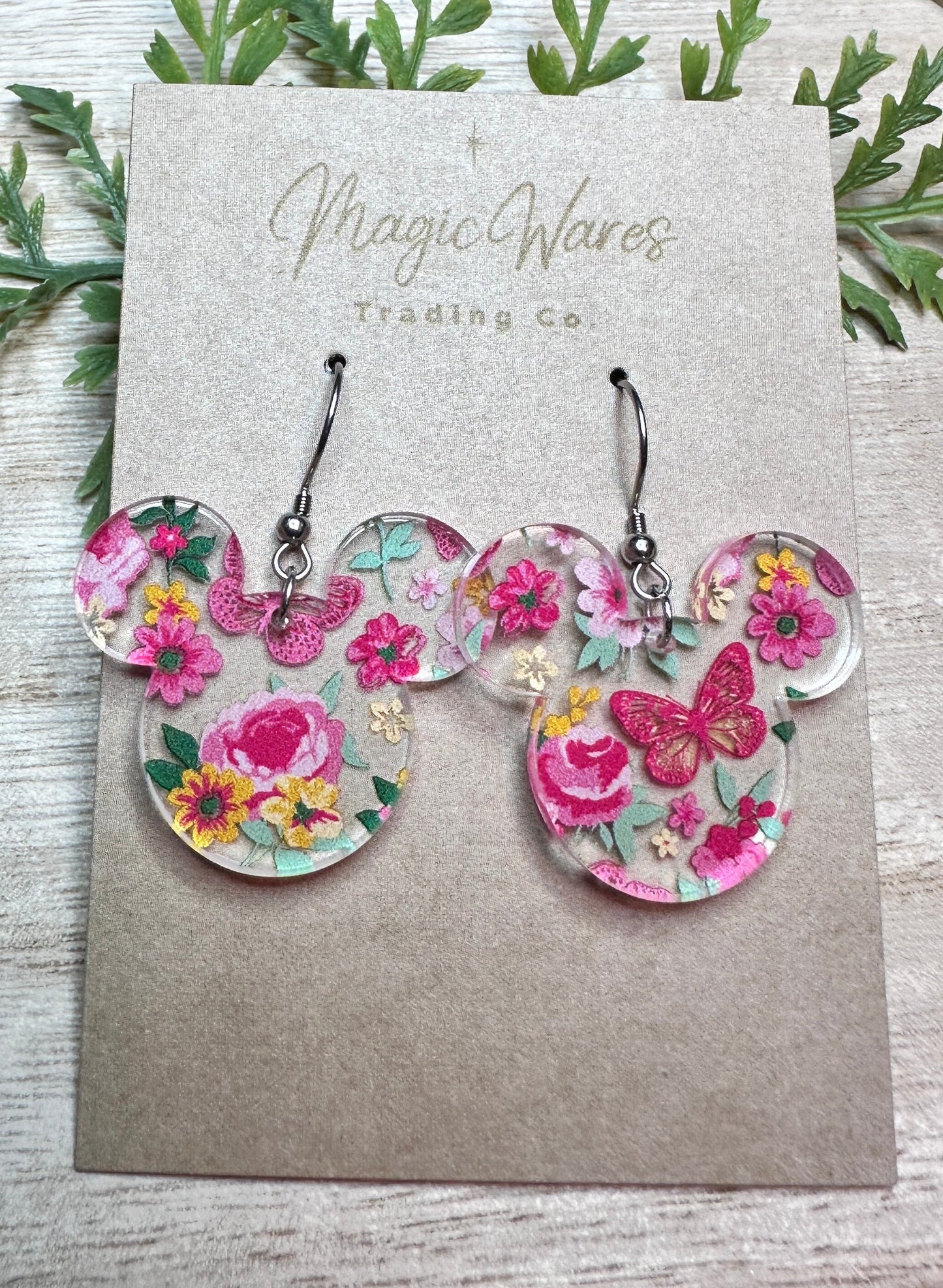 Floral Butterfly, Mouse head shaped Laser Cut Dangle Earrings, Floral patterned Crystal Acrylic Earrings, Dangle Earrings, Handmade earrings