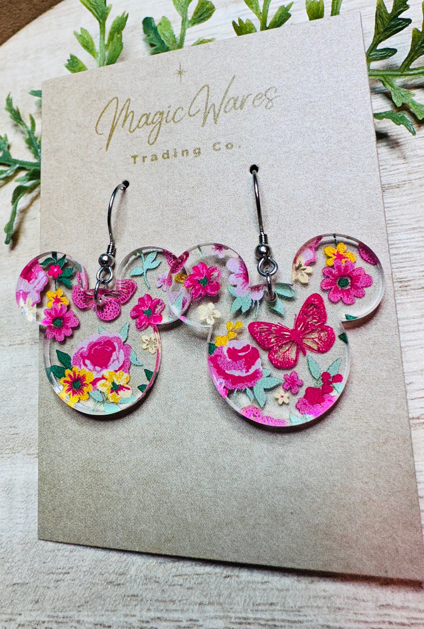 Floral Butterfly, Mouse head shaped Laser Cut Dangle Earrings, Floral patterned Crystal Acrylic Earrings, Dangle Earrings, Handmade earrings
