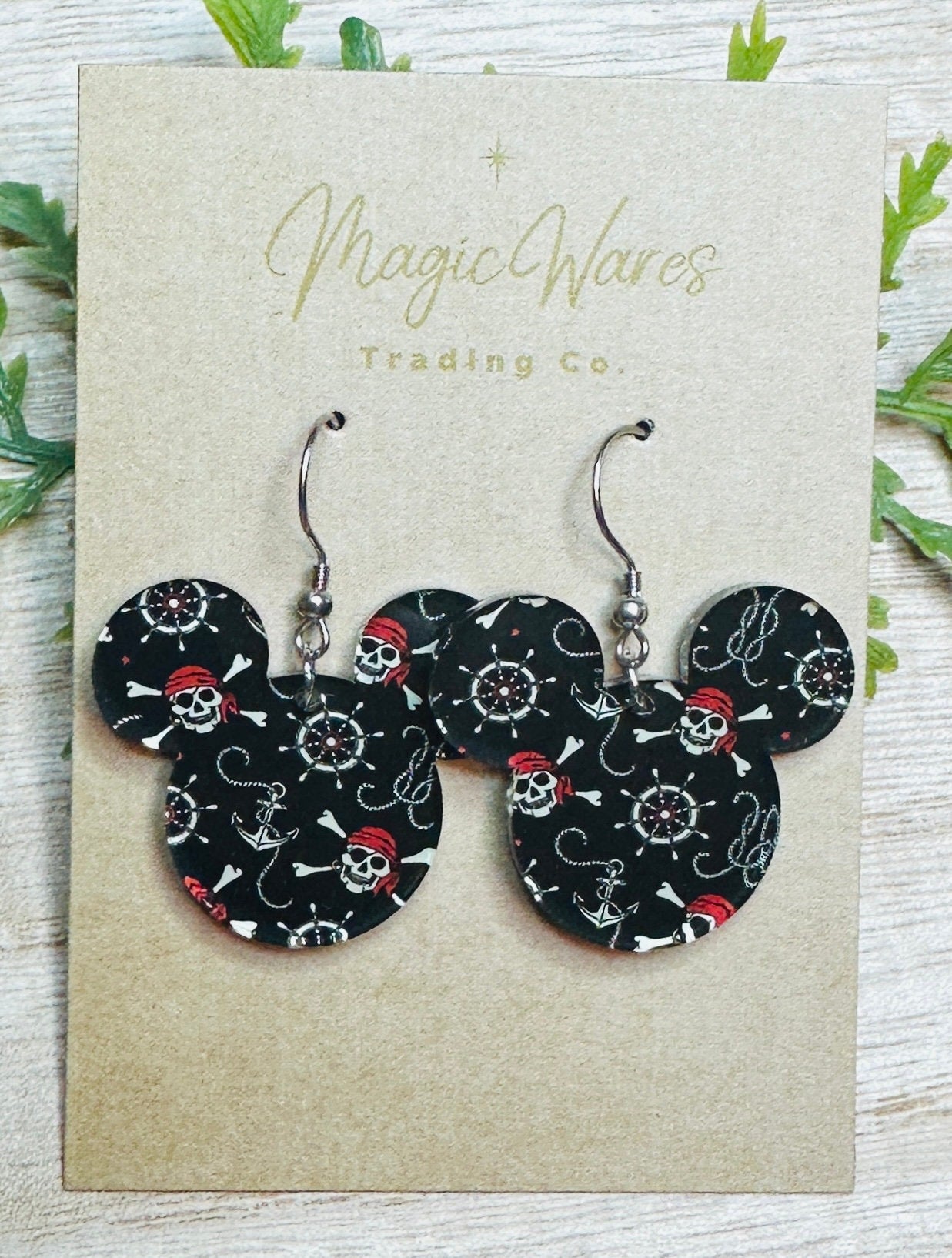 Pirate Mouse, Laser Cut, Black Pirates patterned Crystal Acrylic Earrings, Dangle Earrings, Made to order, Glowforge Earrings