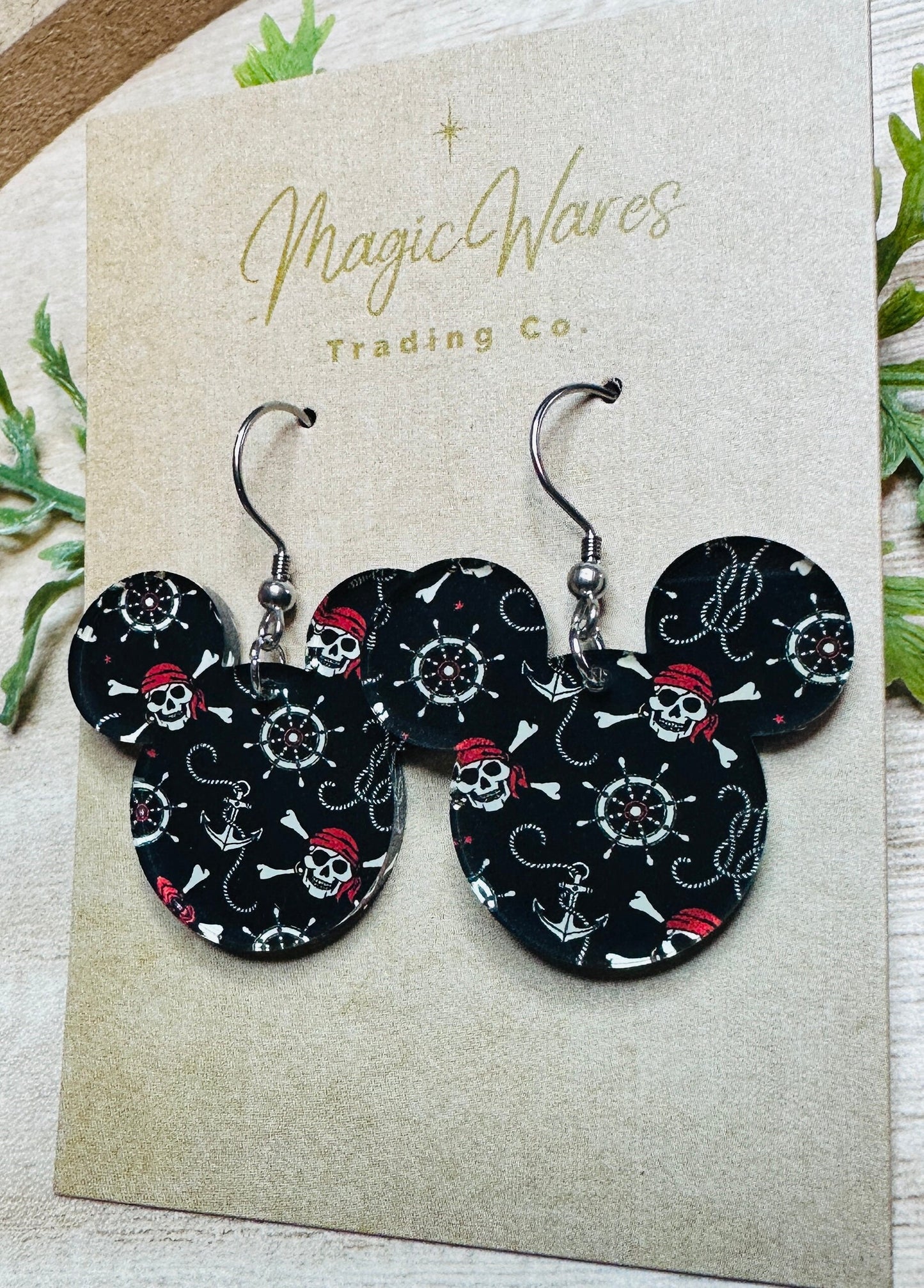 Pirate Mouse, Laser Cut, Black Pirates patterned Crystal Acrylic Earrings, Dangle Earrings, Made to order, Glowforge Earrings