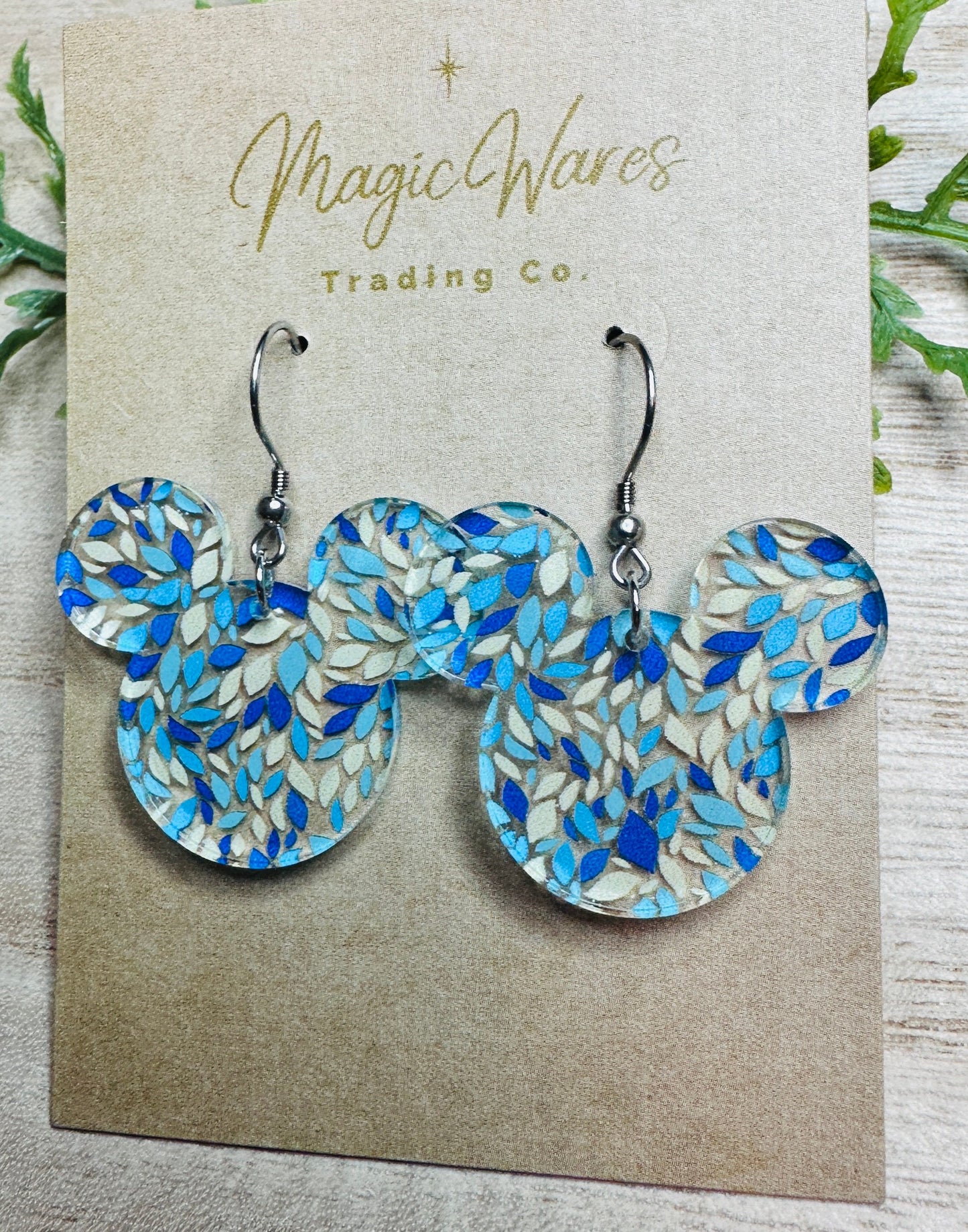 Beach Confetti Mouse, Laser Cut, Blue Floral Crystal Acrylic Earrings, Dangle Earrings, Made to order, Glowforge Earrings