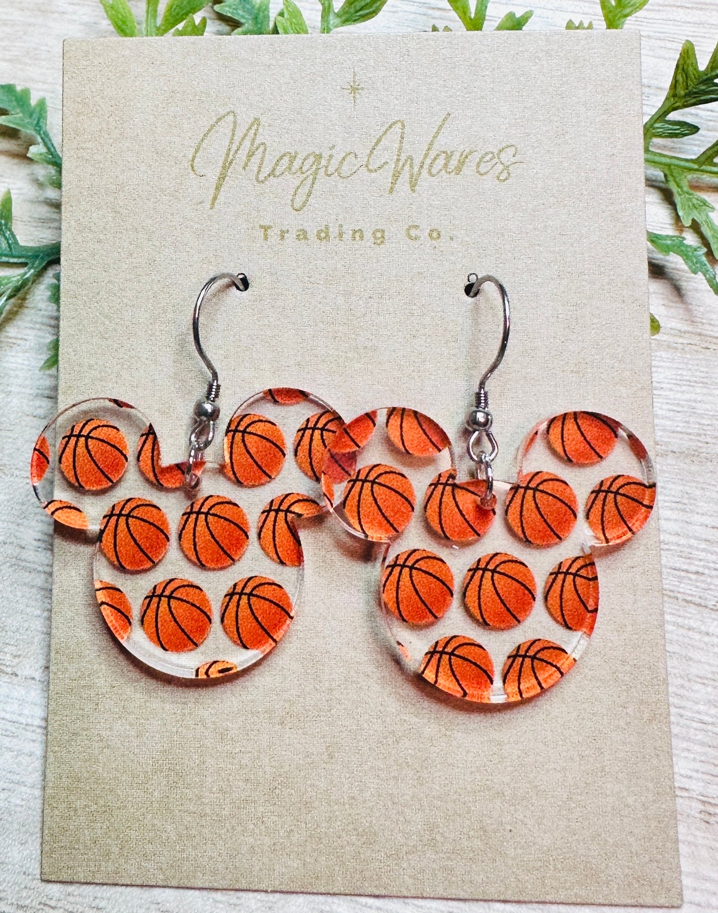 Basketball Mouse, Mouse head shaped Dangle Earrings, Laser cut Basketball Patterned Crystal Acrylic, Handmade earrings, March Madness