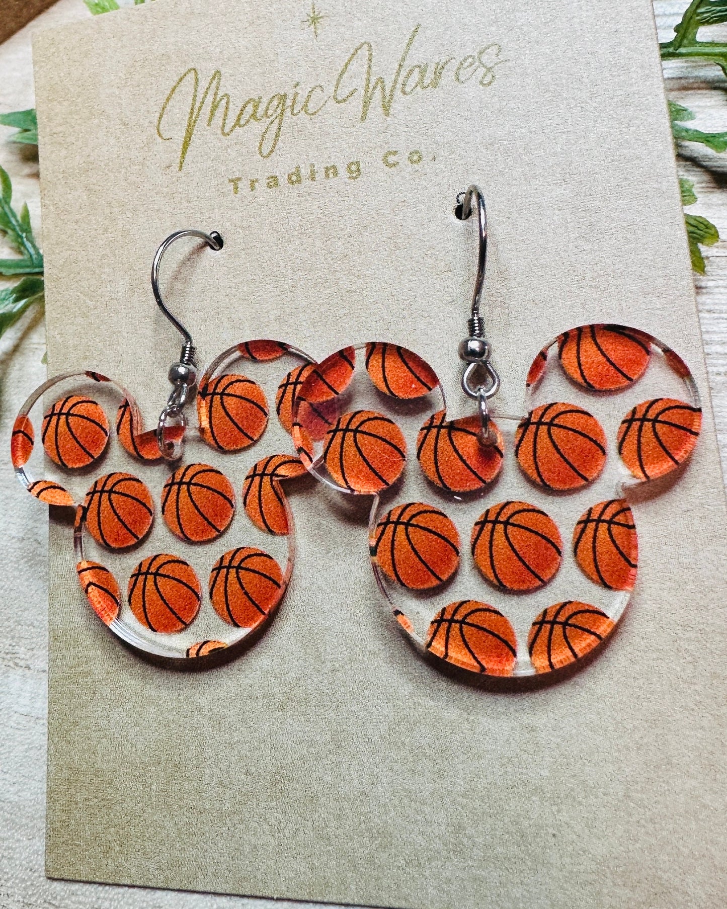 Basketball Mouse, Mouse head shaped Dangle Earrings, Laser cut Basketball Patterned Crystal Acrylic, Handmade earrings, March Madness
