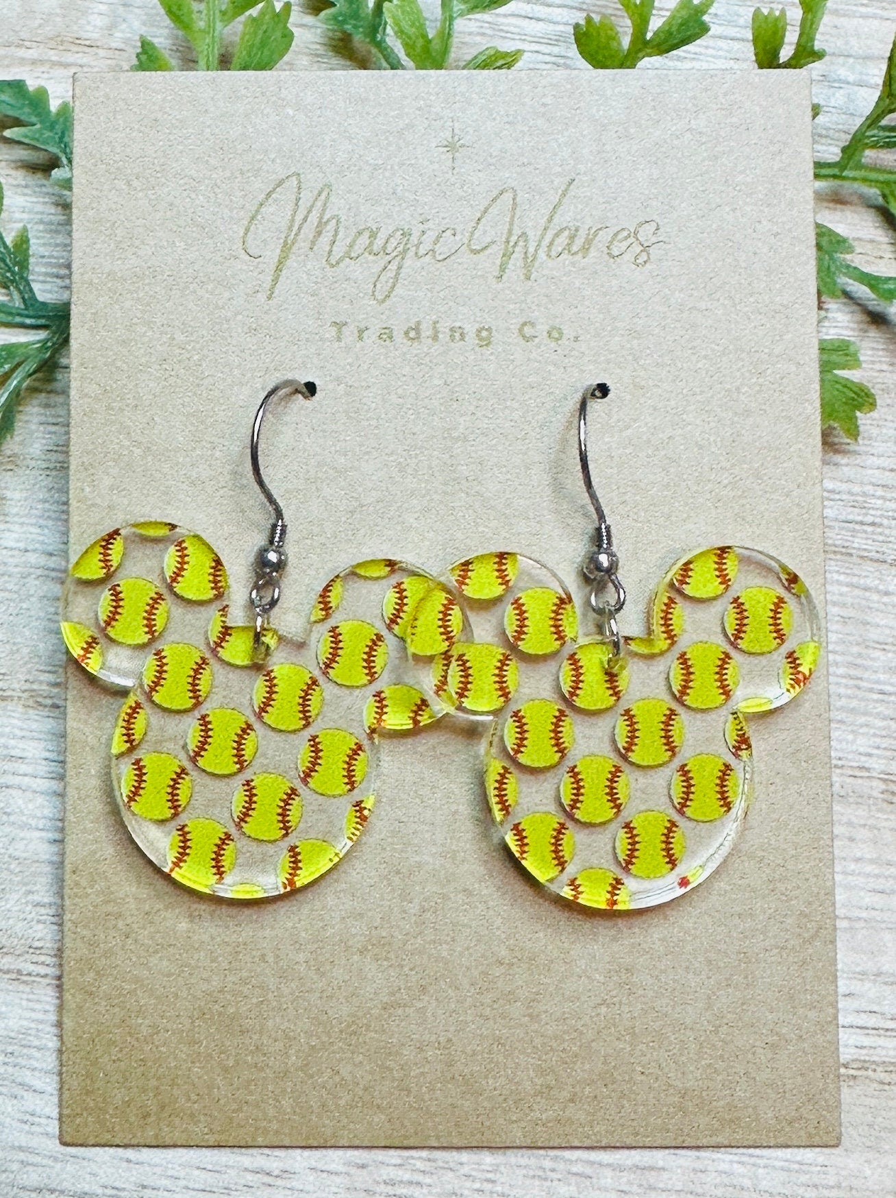 Softball Mouse, Mouse head shaped Dangle Earrings, Laser cut Softball Patterned Crystal Acrylic, Handmade earrings, Sports Earrings