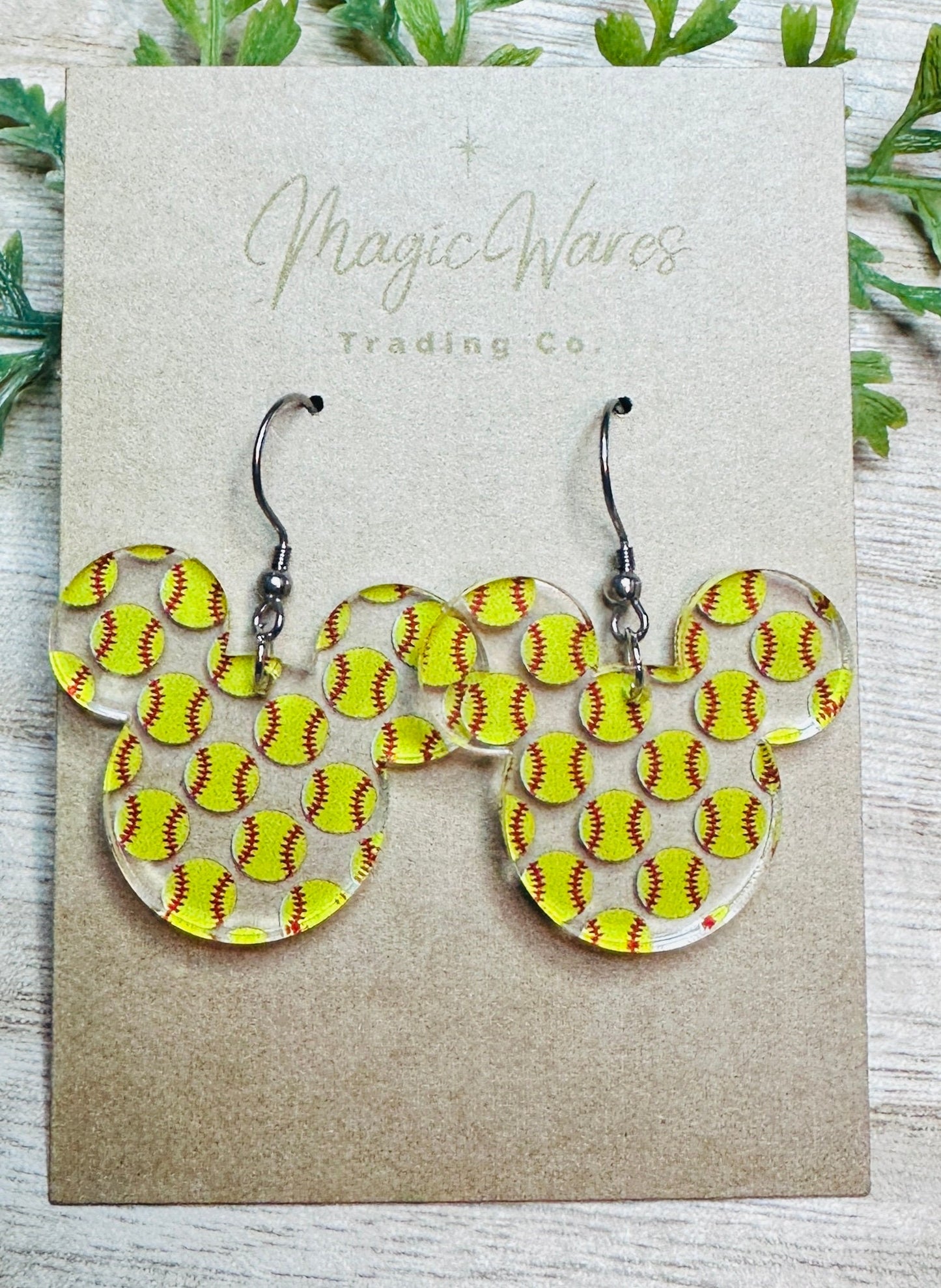 Softball Mouse, Mouse head shaped Dangle Earrings, Laser cut Softball Patterned Crystal Acrylic, Handmade earrings, Sports Earrings