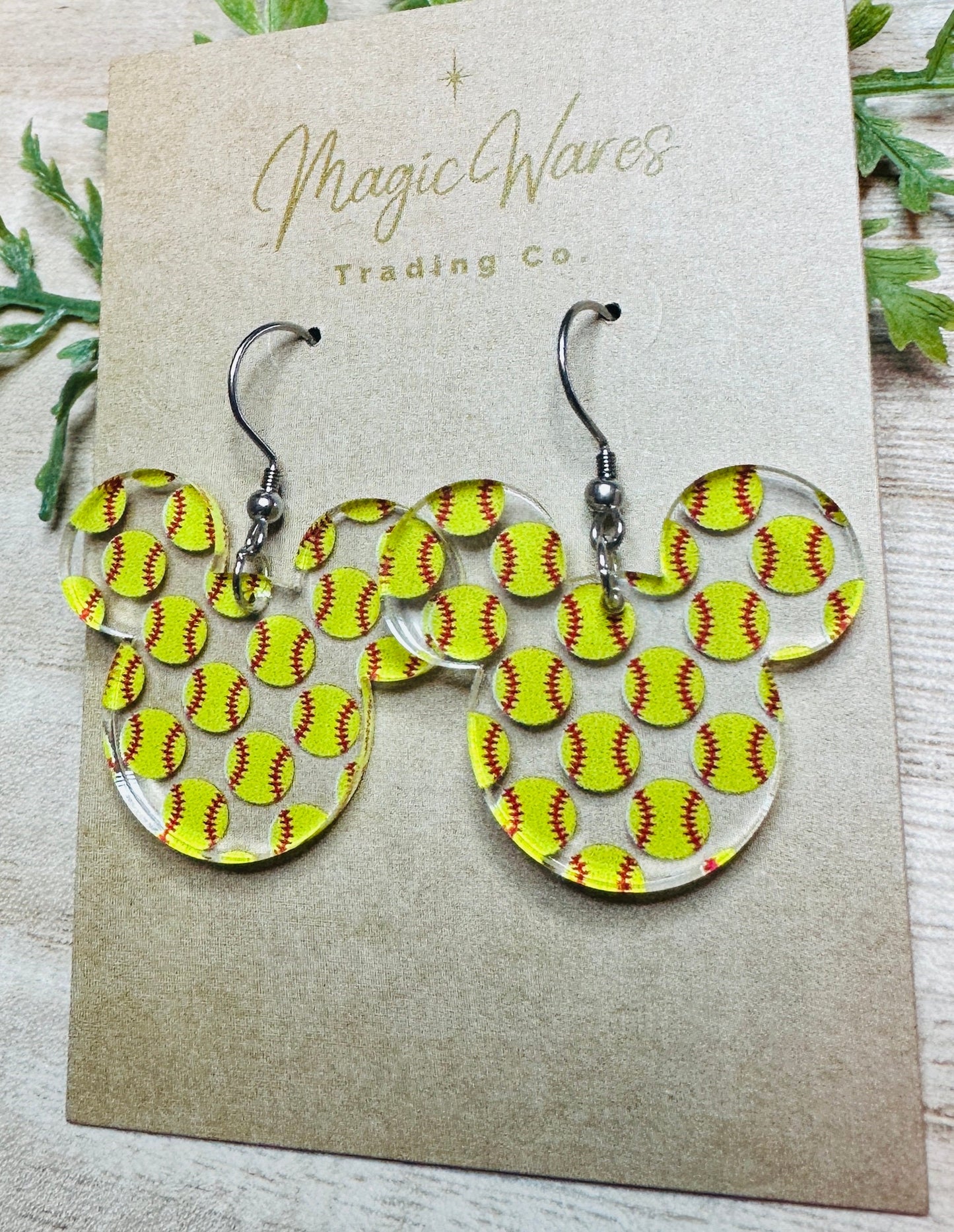 Softball Mouse, Mouse head shaped Dangle Earrings, Laser cut Softball Patterned Crystal Acrylic, Handmade earrings, Sports Earrings