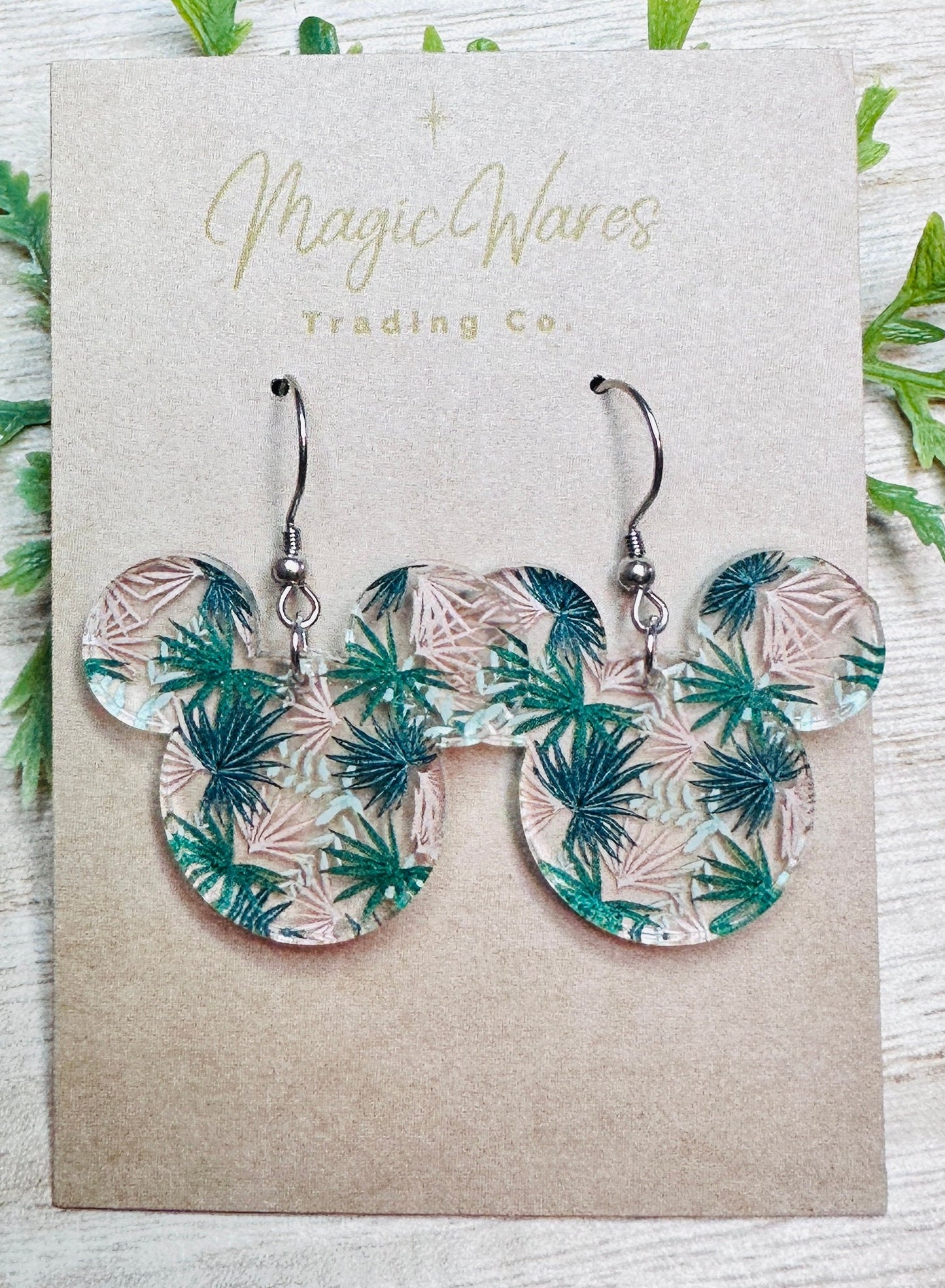 Tropical Palmetto, Polynesian style, Mouse head shaped Laser cut Acrylic Earrings, Dangle Earrings, Made to order, Lightweight earrings