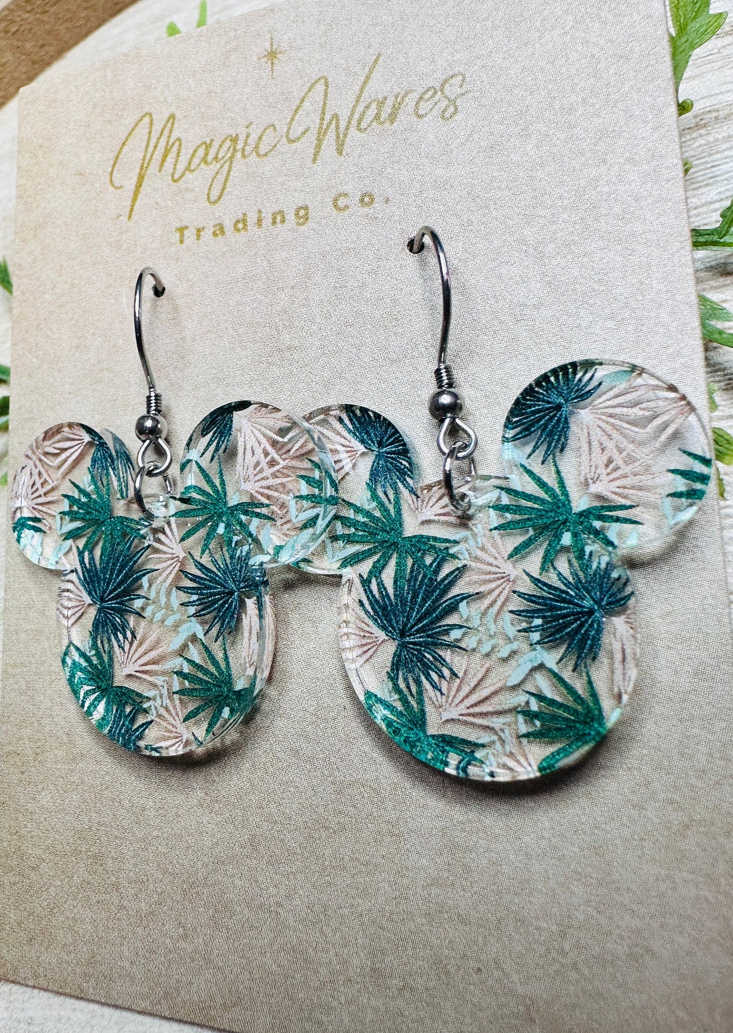 Tropical Palmetto, Polynesian style, Mouse head shaped Laser cut Acrylic Earrings, Dangle Earrings, Made to order, Lightweight earrings