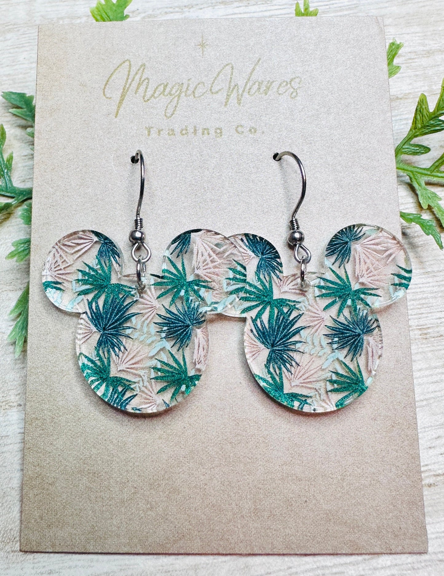 Tropical Palmetto, Polynesian style, Mouse head shaped Laser cut Acrylic Earrings, Dangle Earrings, Made to order, Lightweight earrings