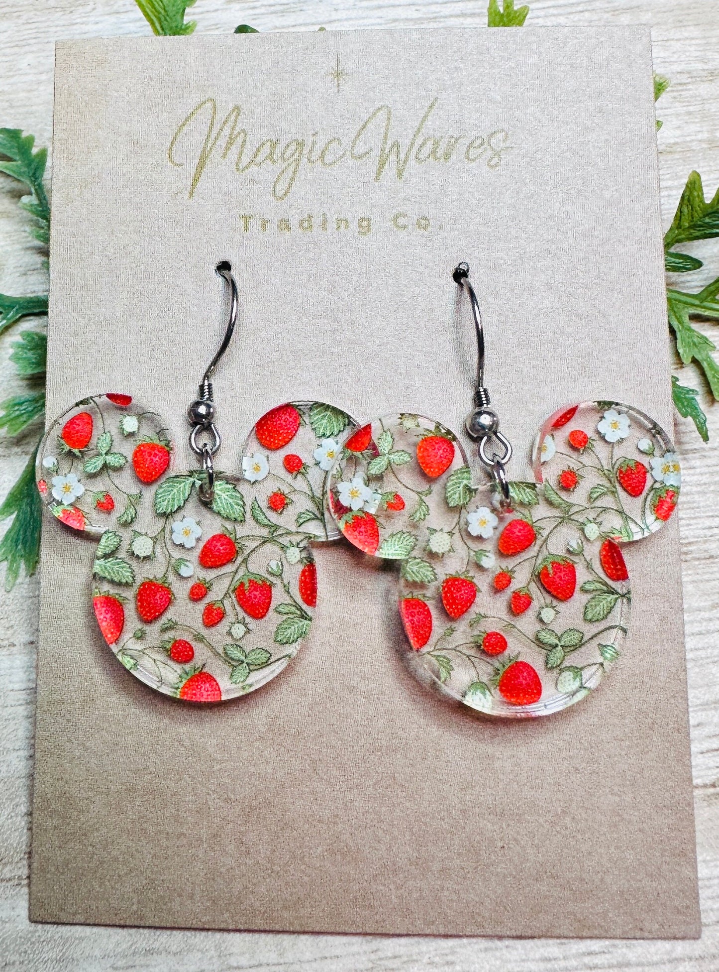 Strawberry Patch, Mouse head shaped Laser cut Acrylic Earrings, Pierced Ear Dangle Earrings, Made to order, Lightweight earrings