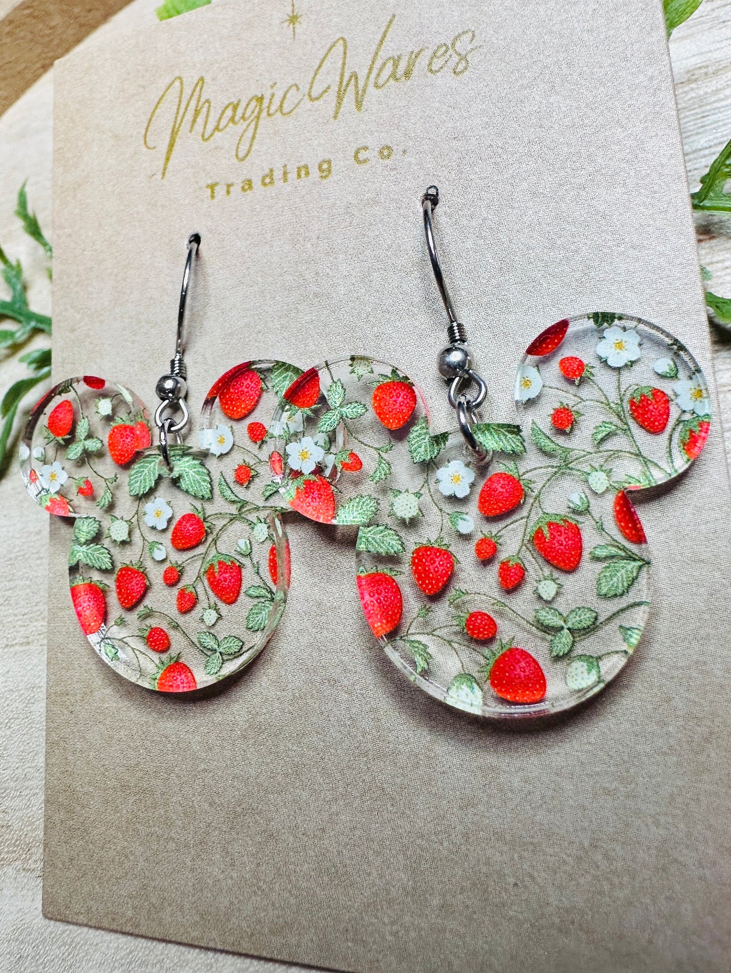 Strawberry Patch, Mouse head shaped Laser cut Acrylic Earrings, Pierced Ear Dangle Earrings, Made to order, Lightweight earrings