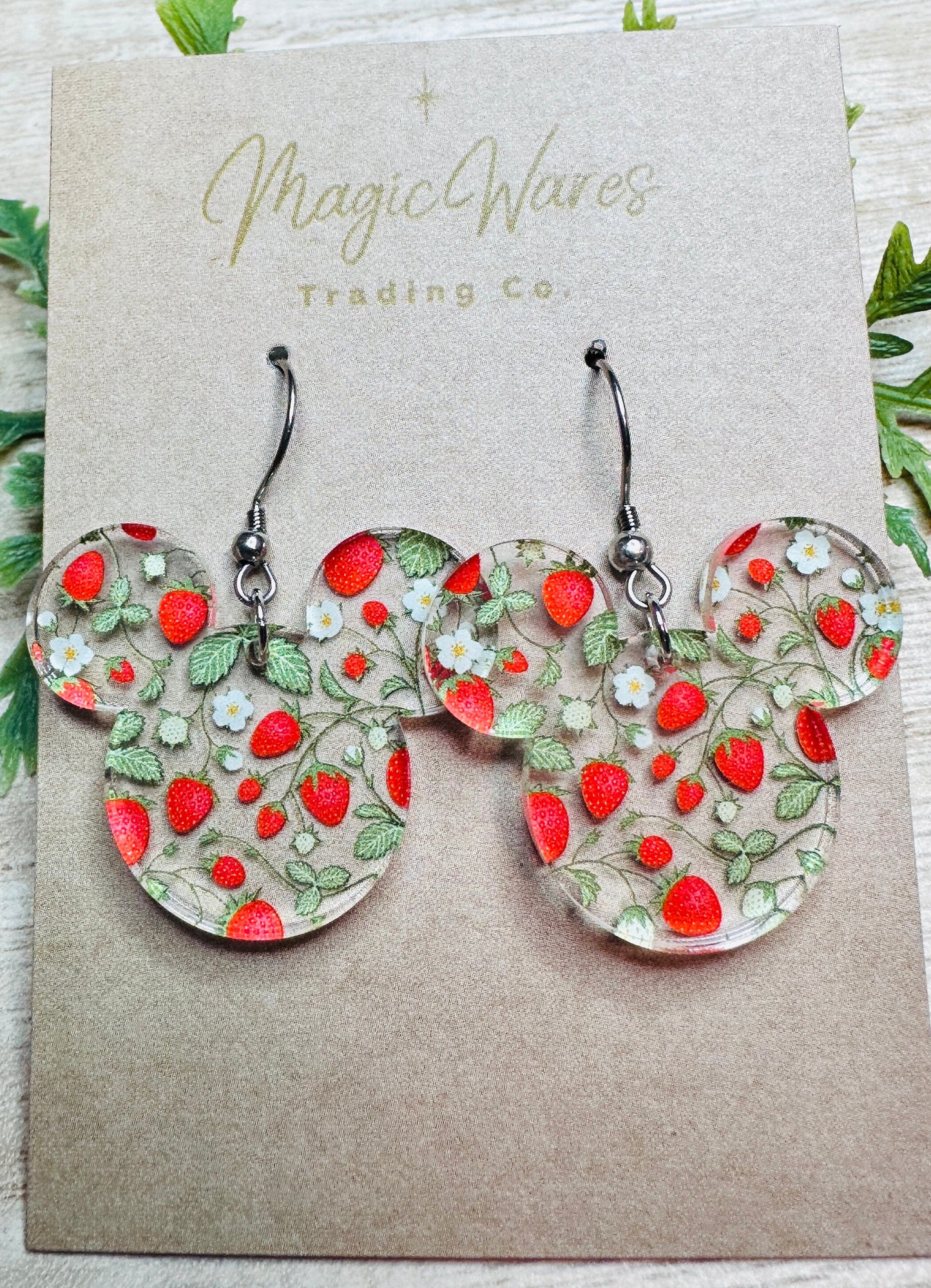 Strawberry Patch, Mouse head shaped Laser cut Acrylic Earrings, Pierced Ear Dangle Earrings, Made to order, Lightweight earrings