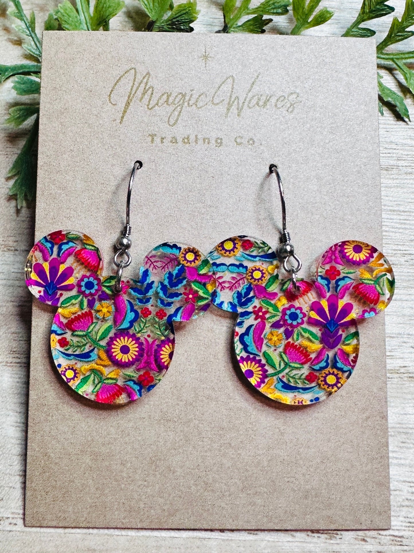Madrigal Floral, Traditional Mexican Floral Pattern Acrylic, Mouse head shaped Laser cut Acrylic Earrings, Lightweight dangle earrings