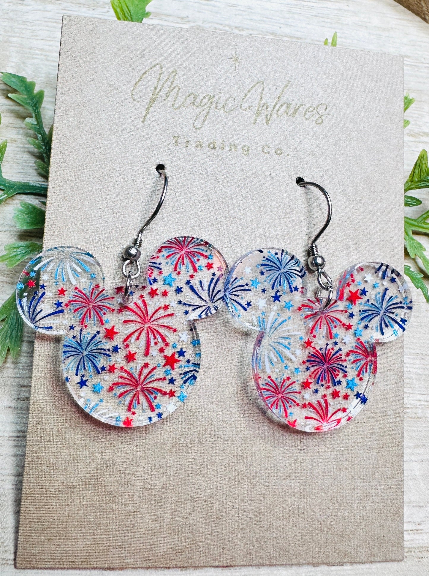 Patriotic Fireworks, Mouse head shaped Laser cut Acrylic Earrings, Red White and Blue Fireworks Pattern Acrylic, Lightweight dangle earrings