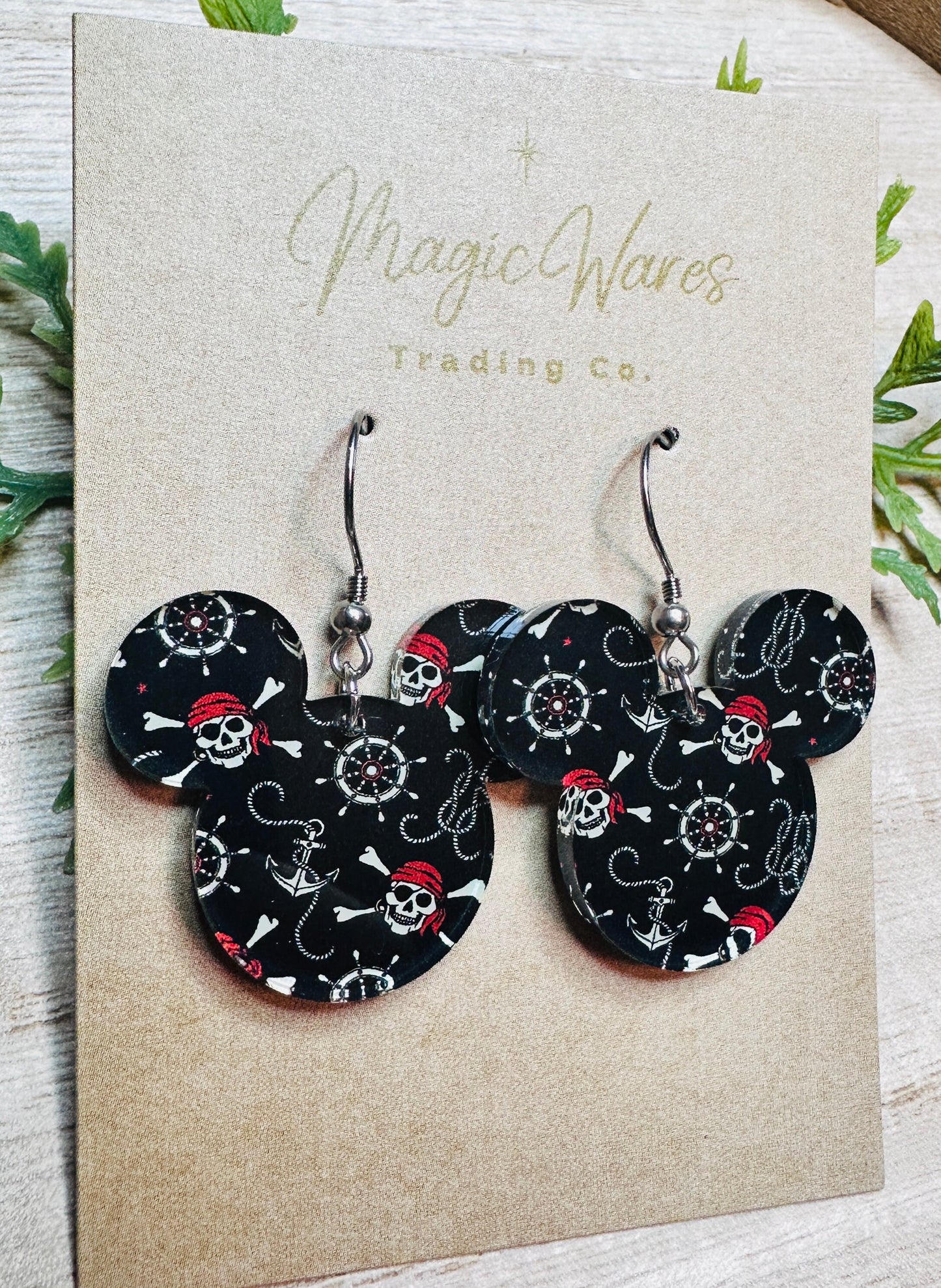 Pirate Mouse, Laser Cut, Black Pirates patterned Crystal Acrylic Earrings, Dangle Earrings, Made to order, Glowforge Earrings