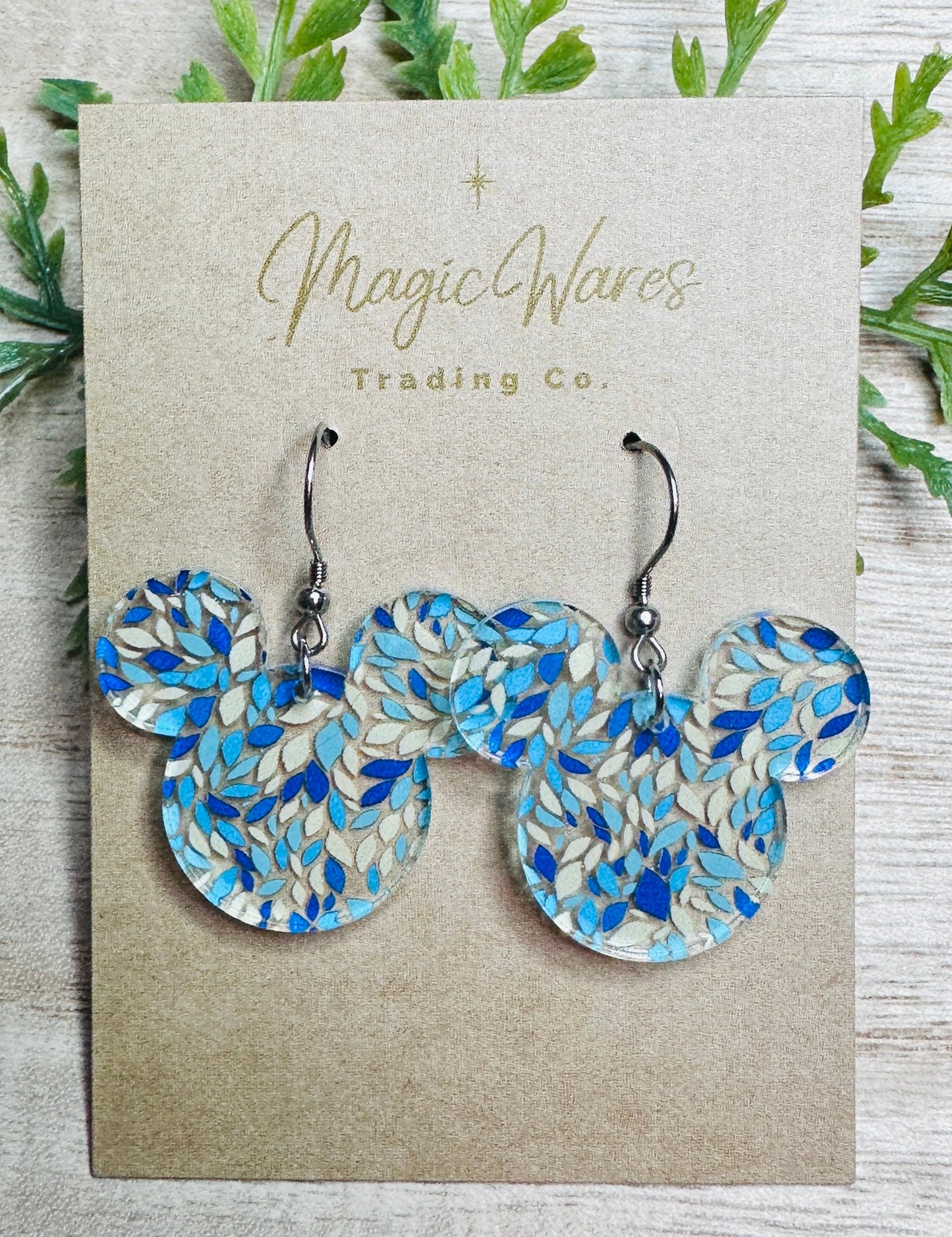 Beach Confetti Mouse, Laser Cut, Blue Floral Crystal Acrylic Earrings, Dangle Earrings, Made to order, Glowforge Earrings