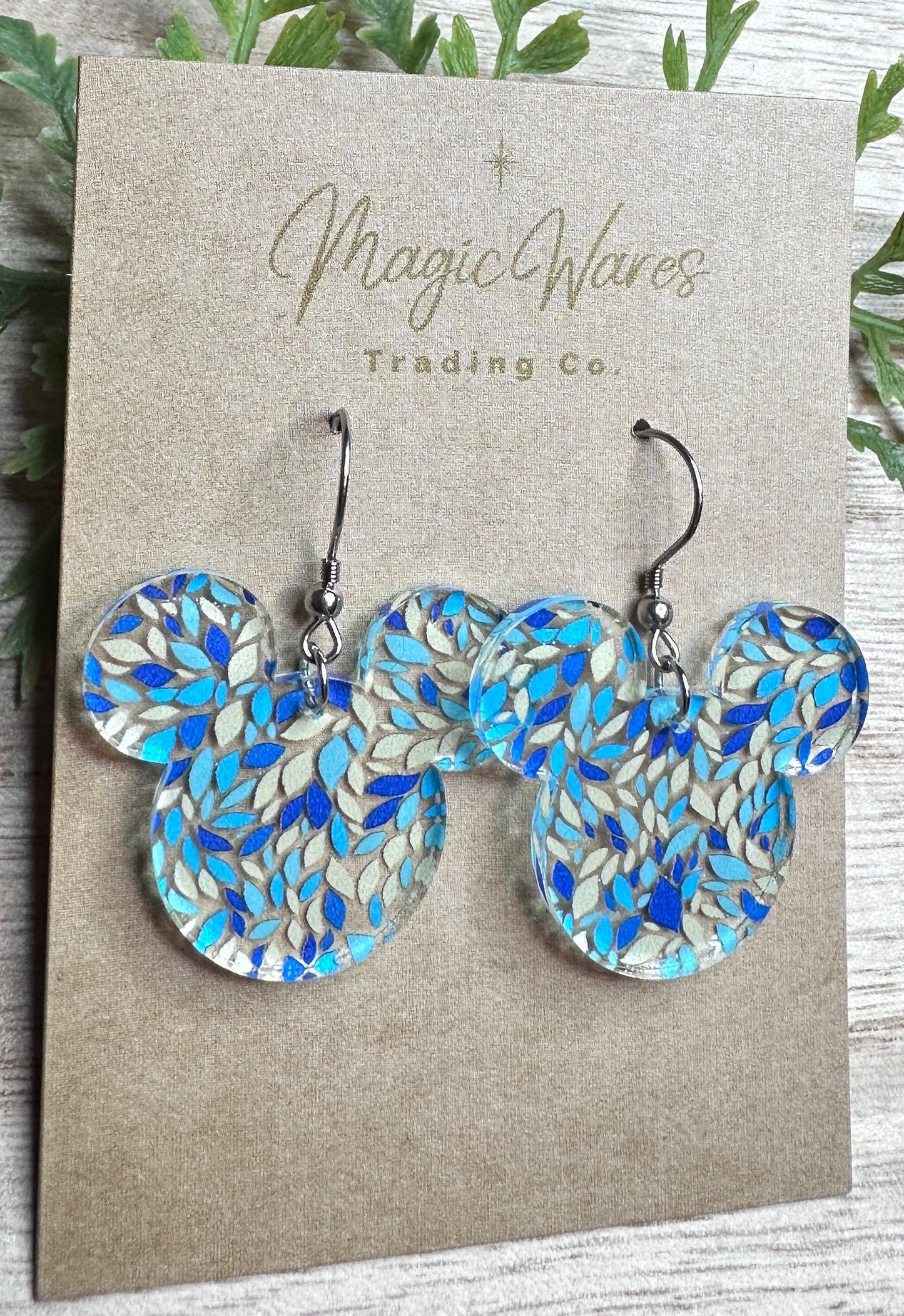 Beach Confetti Mouse, Laser Cut, Blue Floral Crystal Acrylic Earrings, Dangle Earrings, Made to order, Glowforge Earrings