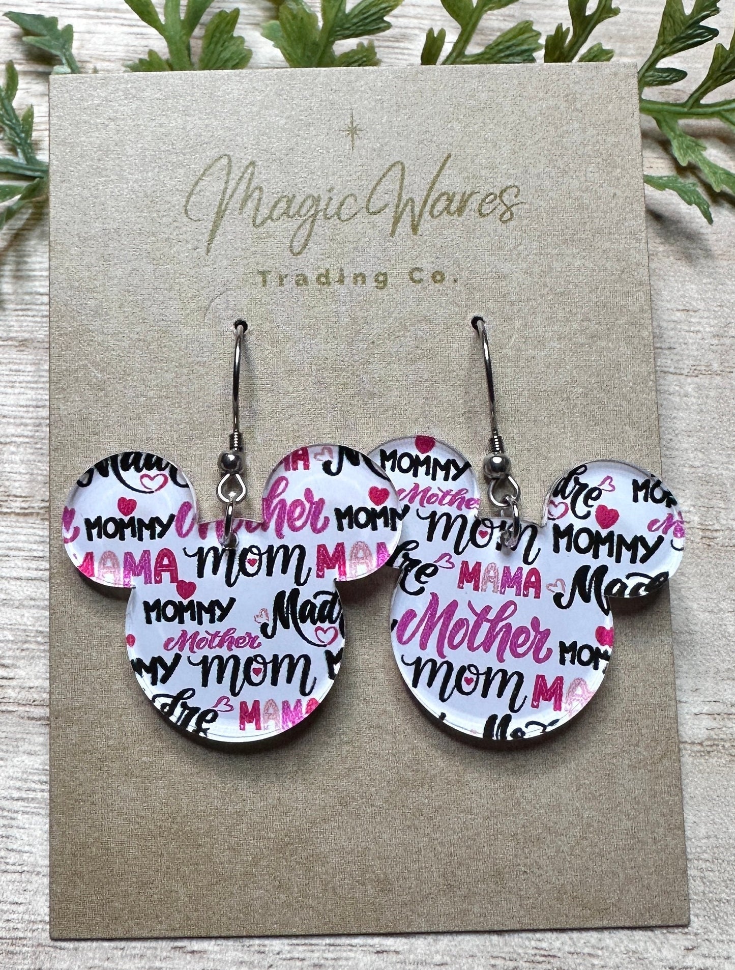 Park Mom, Mouse Head shaped Laser Cut, Mom Names patterned Crystal Acrylic Earrings, Dangle Earrings, Mothers Day, Mom, Mommy, Mama, Madre