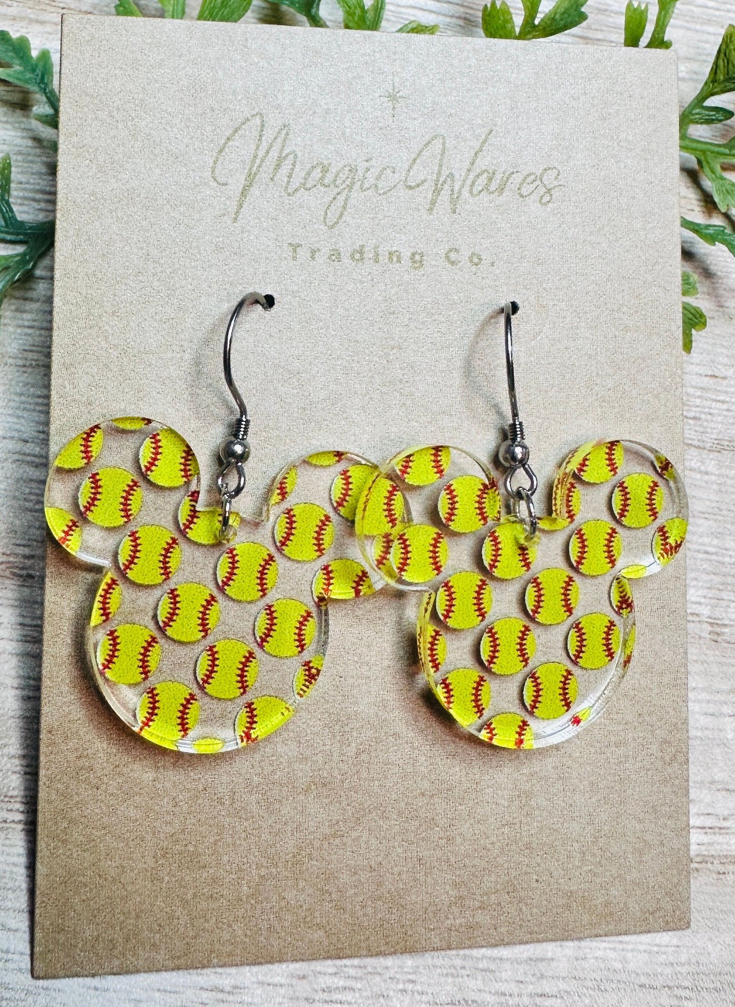 Softball Mouse, Mouse head shaped Dangle Earrings, Laser cut Softball Patterned Crystal Acrylic, Handmade earrings, Sports Earrings