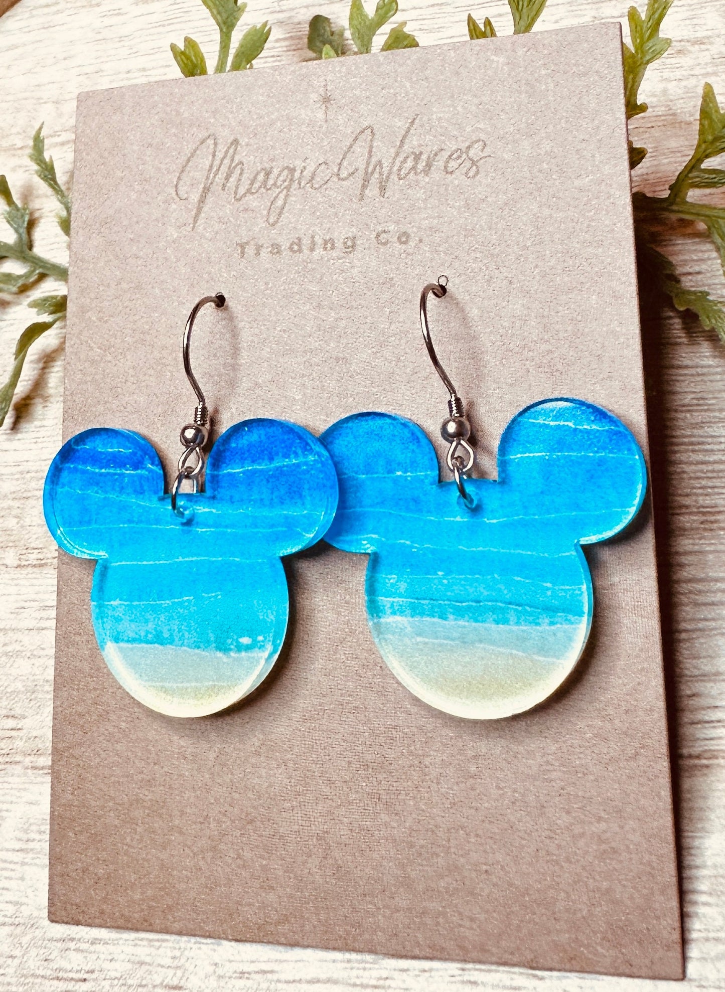 Watercolor Beach, Mouse head shaped, Laser cut Crystal Acrylic Earrings, Made to order, Summer Earrings