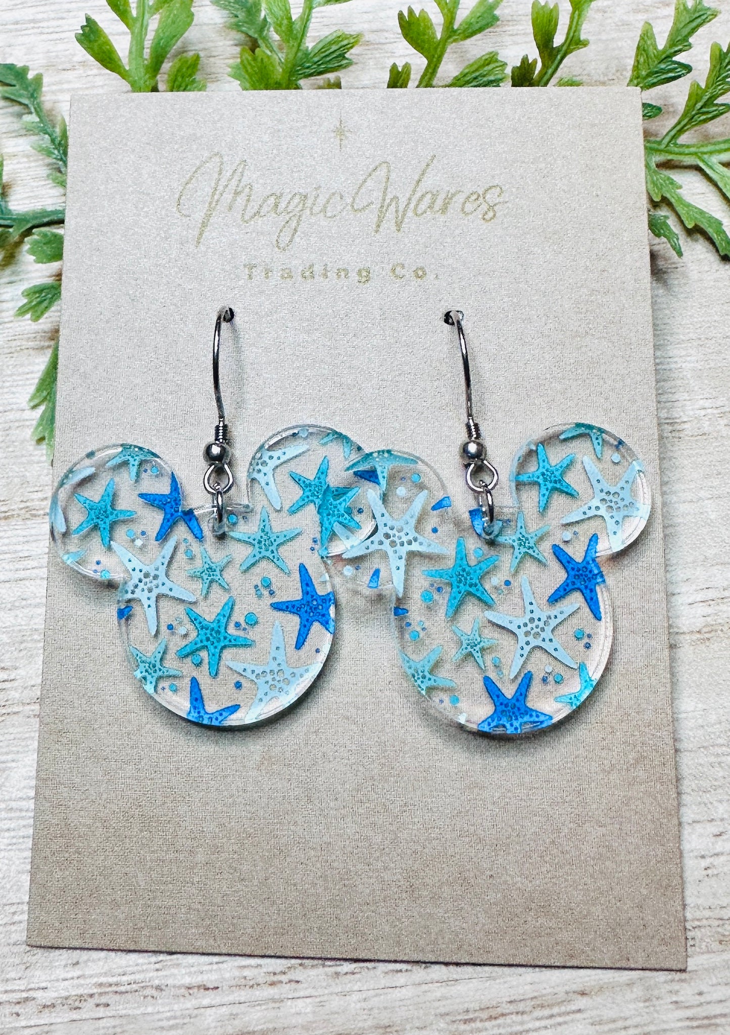 Starfish Mouse, Mouse head shaped, Laser cut Starfish Pattern Crystal Acrylic Dangle Earrings, Made to order, Beach earrings