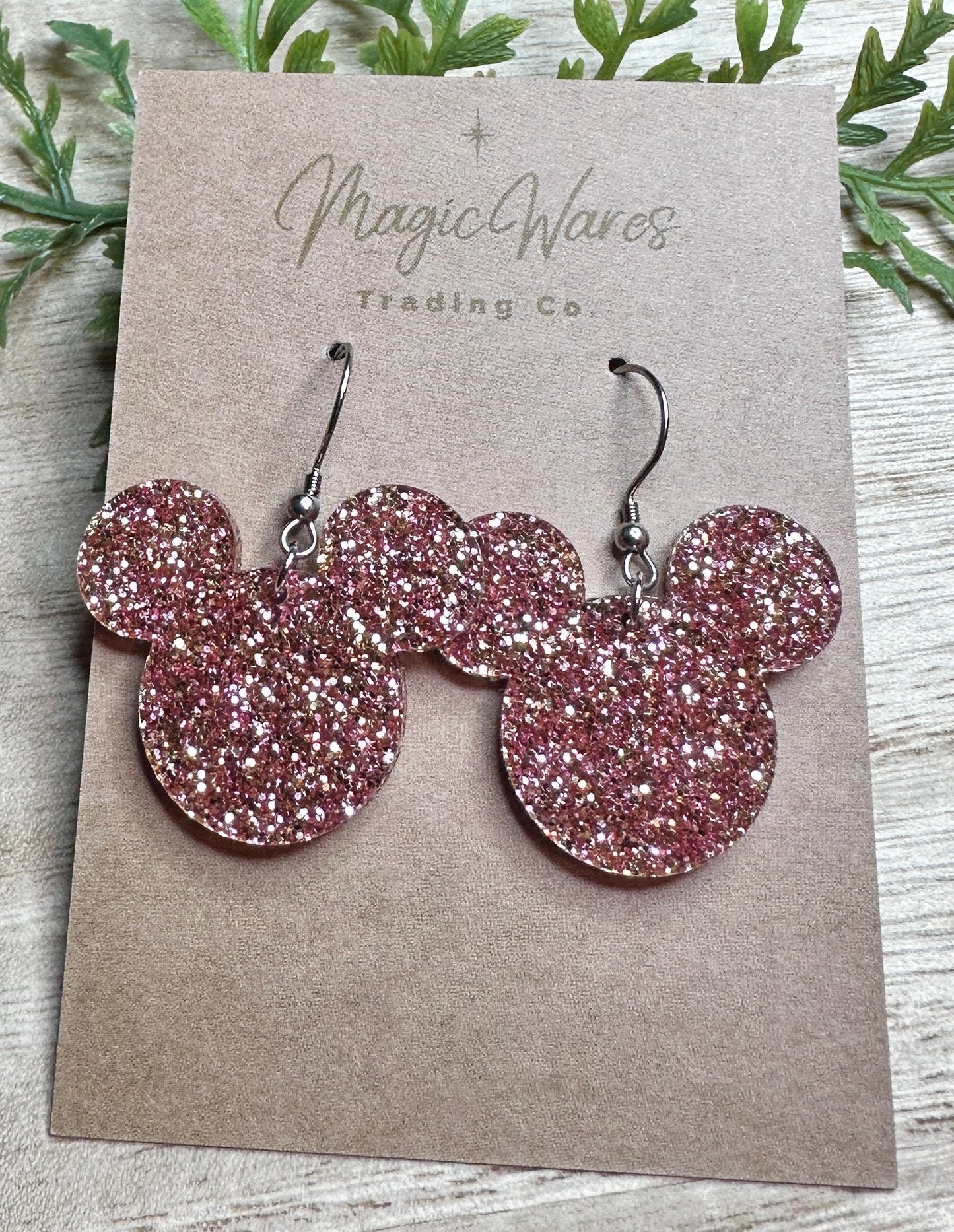 Rose Gold Glitter, Mouse head shaped, Dangle Earrings, Laser cut Glitter Acrylic Earrings, Made to order, Glitter earrings