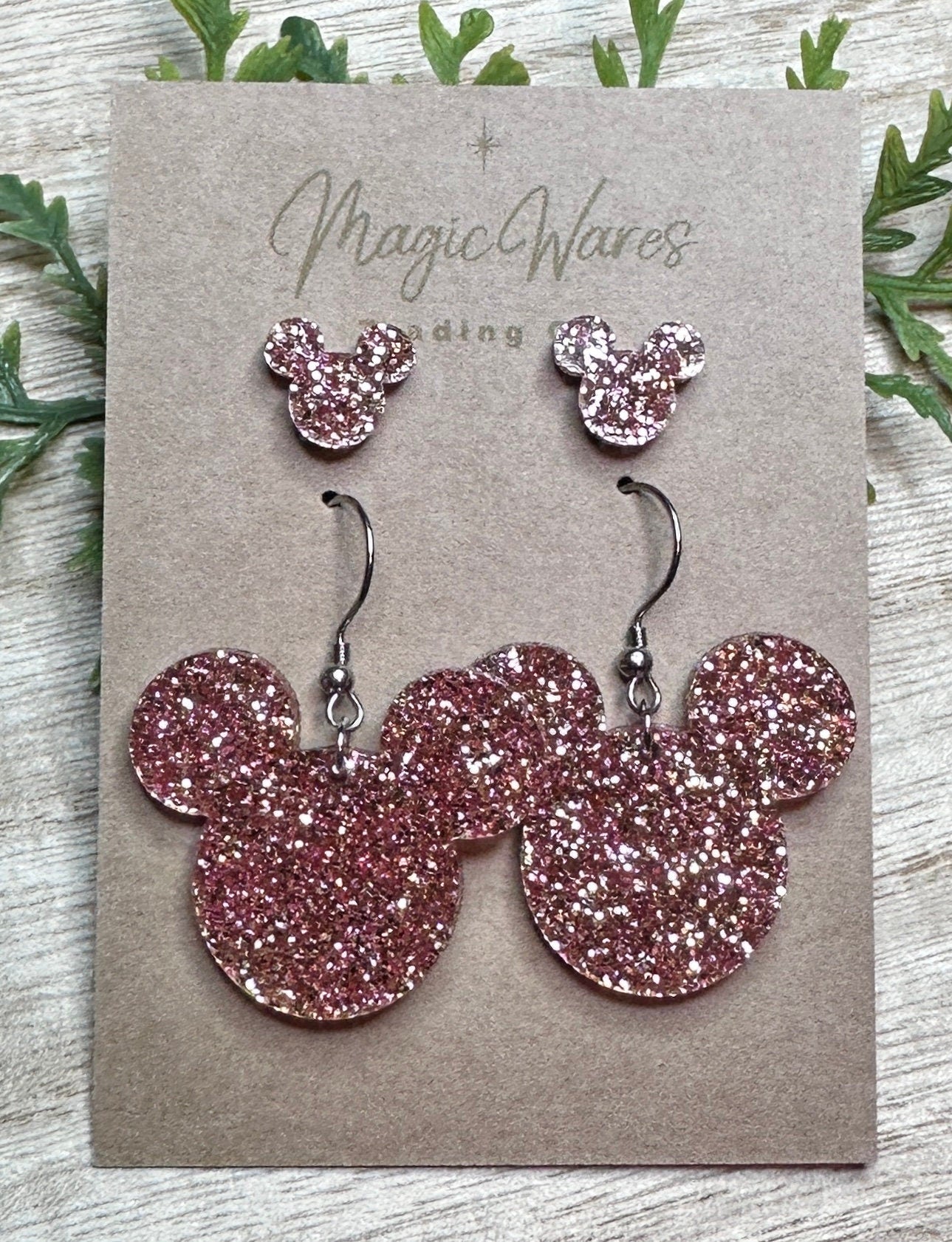 Mom and Me, Rose Gold Mouse, Stud and Dangle Laser cut Glitter Acrylic Earring set, Pierced earlobe post earring, Laser cut dangle earring
