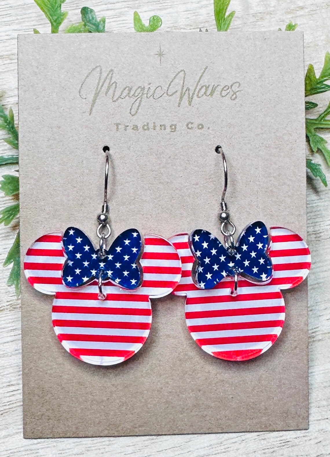 Stars and Stripes, Minnie Bow Dangle, Laser cut Pattern Acrylic Earrings, Made to order, handmade earrings, Glowforge Earrings