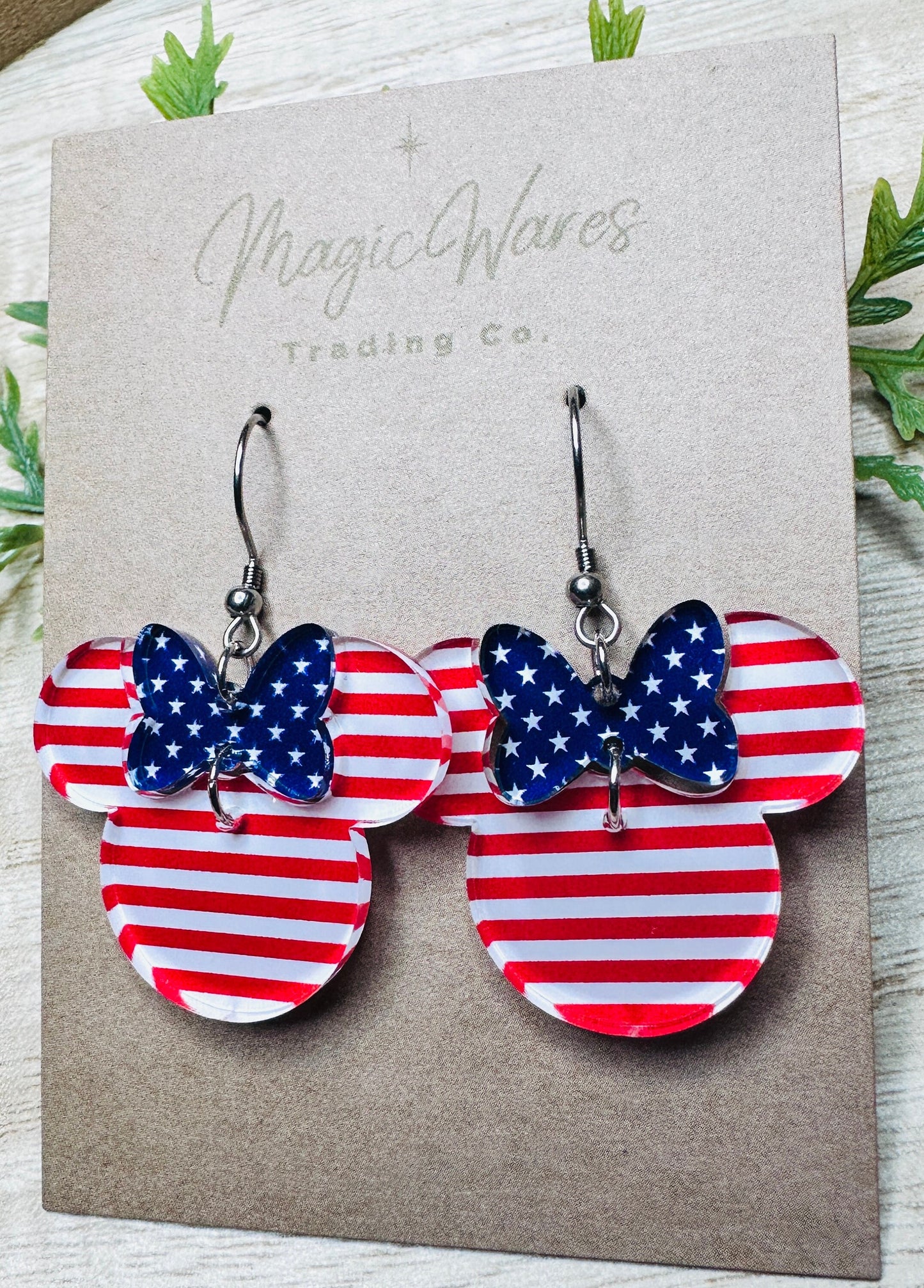 Stars and Stripes, Minnie Bow Dangle, Laser cut Pattern Acrylic Earrings, Made to order, handmade earrings, Glowforge Earrings