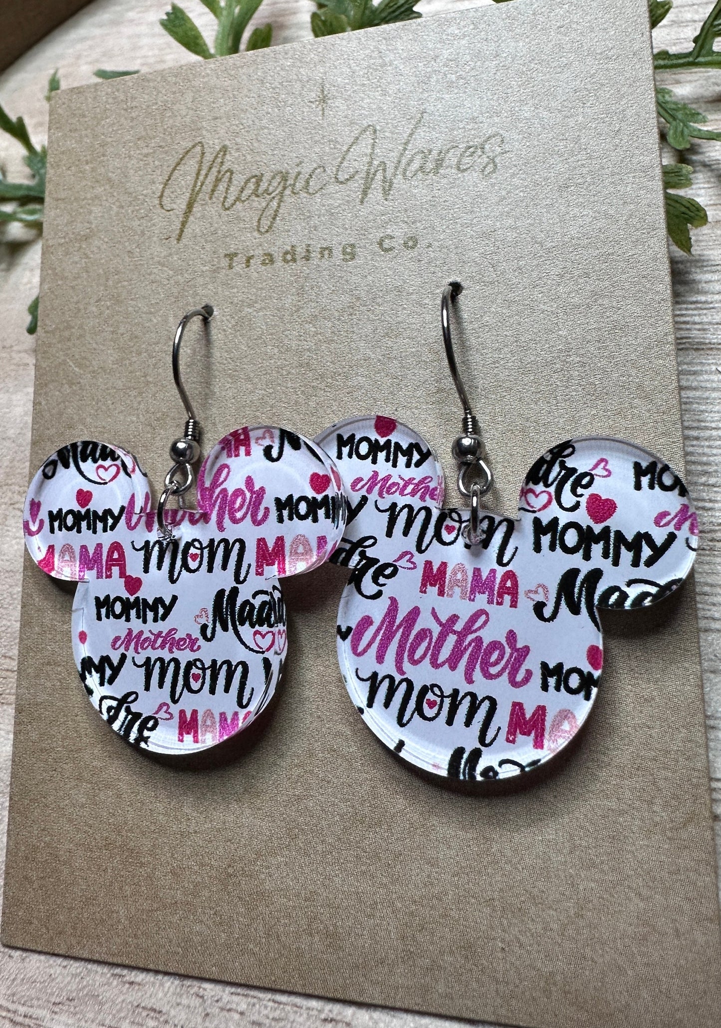 Park Mom, Mouse Head shaped Laser Cut, Mom Names patterned Crystal Acrylic Earrings, Dangle Earrings, Mothers Day, Mom, Mommy, Mama, Madre