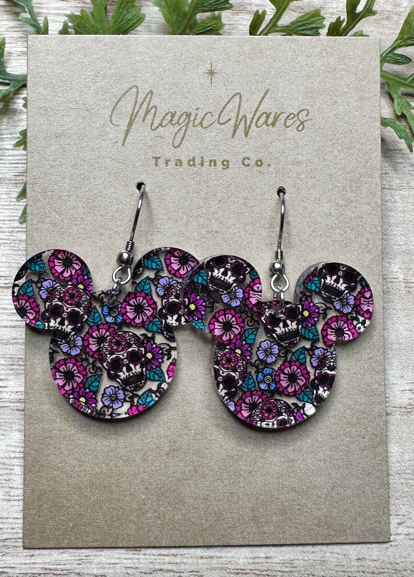 Sugar Skull floral, Laser Cut Mouse head shaped dangle earring, Crystal Pattern Acrylic, Lightweight dangle earrings, Cinco de Mayo