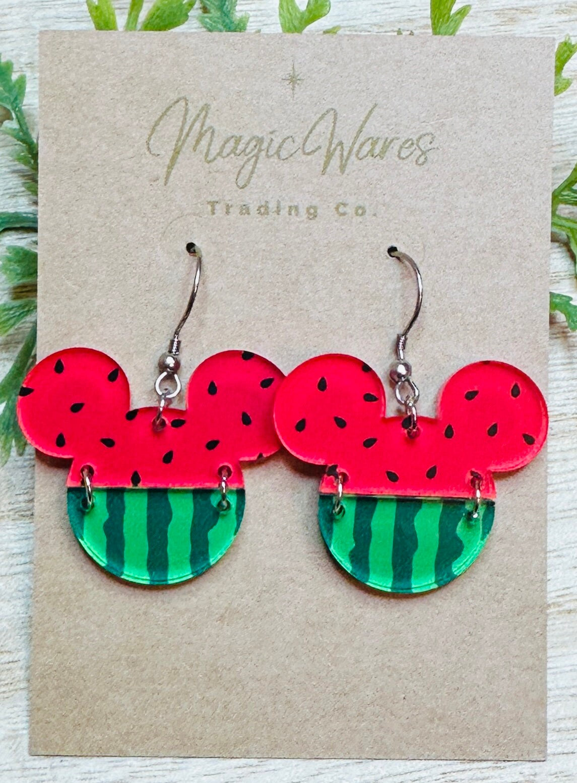 Watermelon Mouse 2 Part Mouse head shaped Watermelon Patterned Crystal Acrylic Earrings Summer earrings