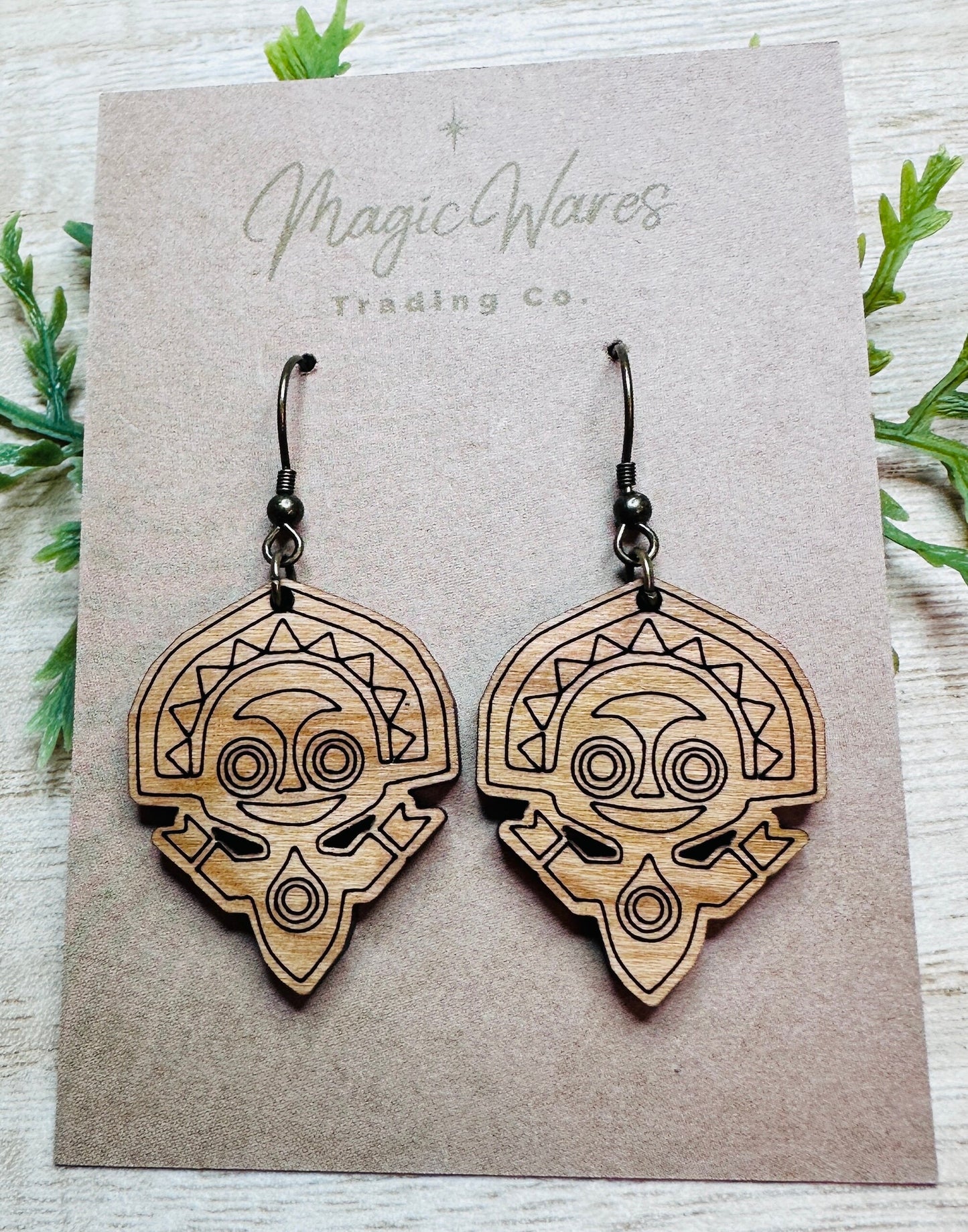Poly Tiki, Laser Cut and Engraved Cherry Hardwood, Dangle Earrings, Stained wood earrings, Made to order