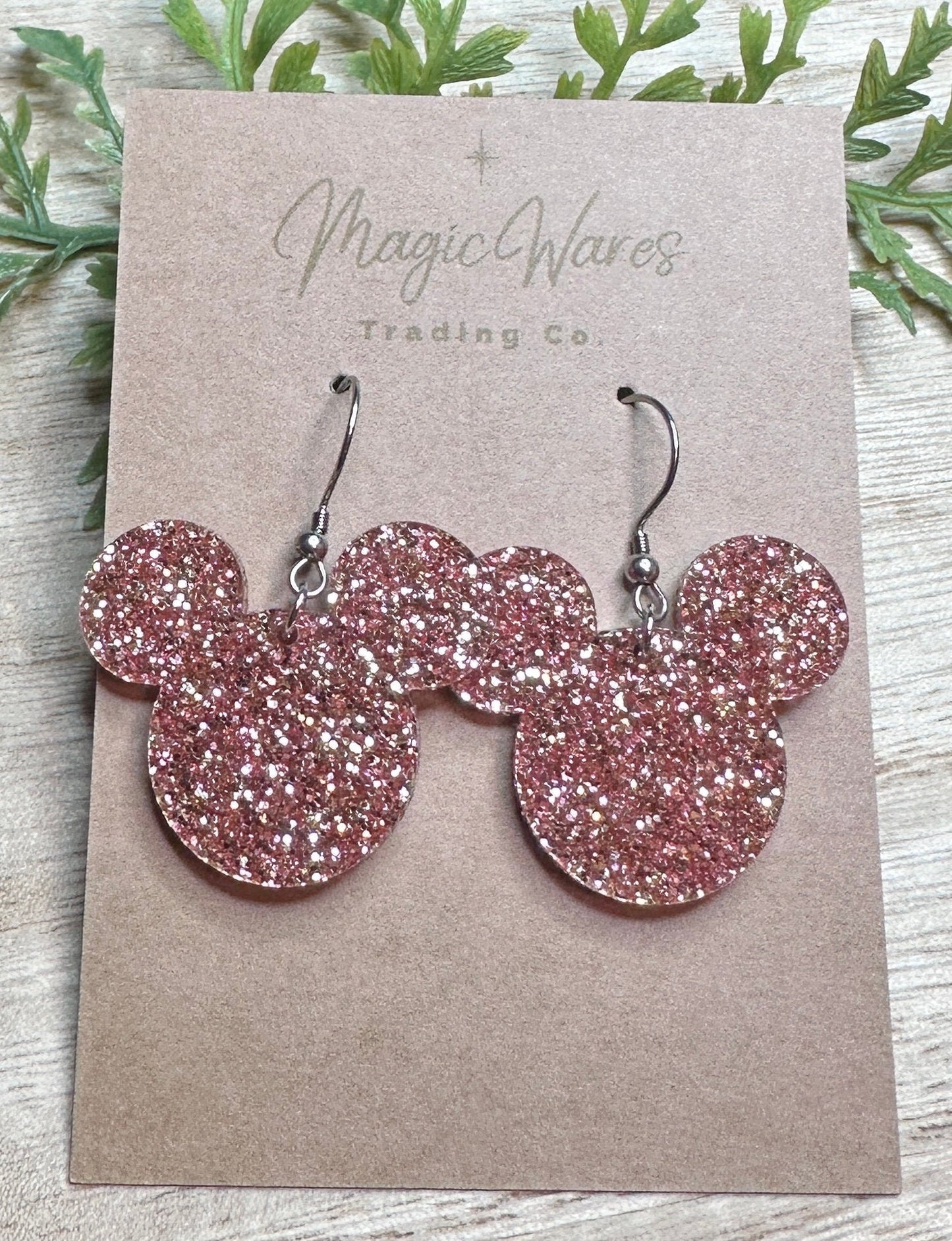 Rose Gold Glitter, Mouse head shaped, Dangle Earrings, Laser cut Glitter Acrylic Earrings, Made to order, Glitter earrings