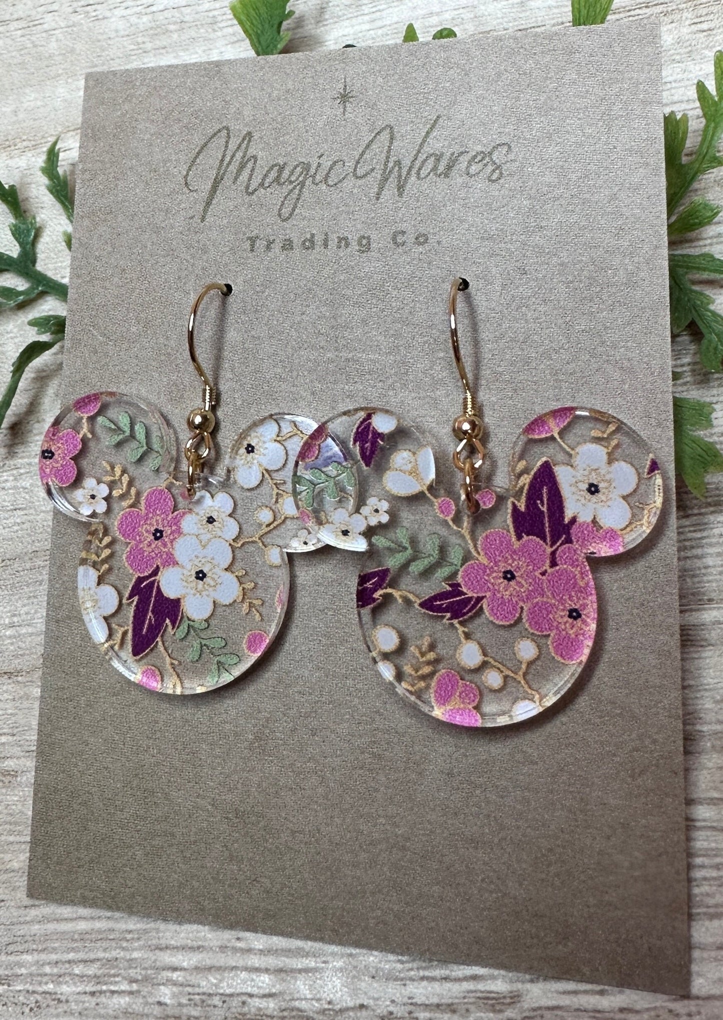 Cherry Blossom Mouse, Laser Cut, Pink and White Floral Crystal Acrylic Earrings, Dangle Earrings, Made to order, Glowforge Earrings
